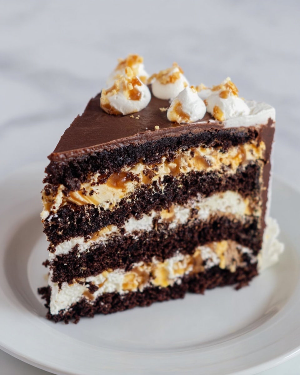 A slice of chocolate cake with five layers is shown on a white plate, placed on a white marbled surface. The cake layers alternate between dark chocolate and creamy white frosting with bits of caramel or crunchy pieces inside. The outer edge is covered with smooth chocolate frosting and decorated with small dollops of white cream topped with caramel bits. The textures of the cake appear moist and rich, with visible contrast between the dark chocolate and light cream parts. Photo taken with an iphone --ar 4:5 --v 7