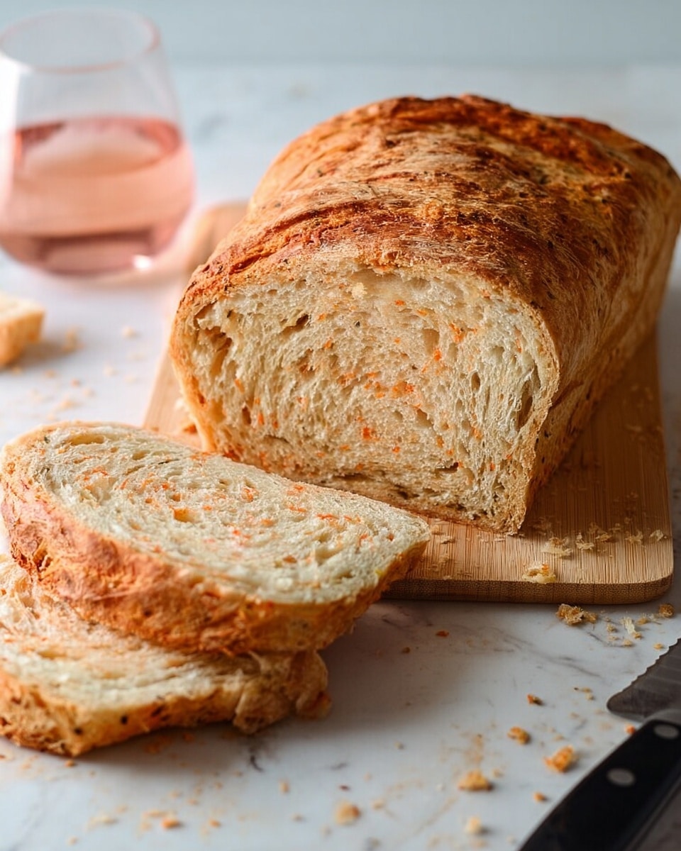 A loaf of bread with a light brown crust and a soft, airy inside sits on a wooden board. Two slices are cut from the loaf, laying flat in front of it, showing a textured inside with specks of herbs or spices giving it a slightly orange tint. In the background, a woman’s hand holds another piece of bread. A white marbled surface hosts the scene, with crumbs scattered around. On the left, a clear glass contains a small amount of pinkish liquid, and on the right, a large knife with a black handle rests on the white marbled surface. Photo taken with an iphone --ar 4:5 --v 7