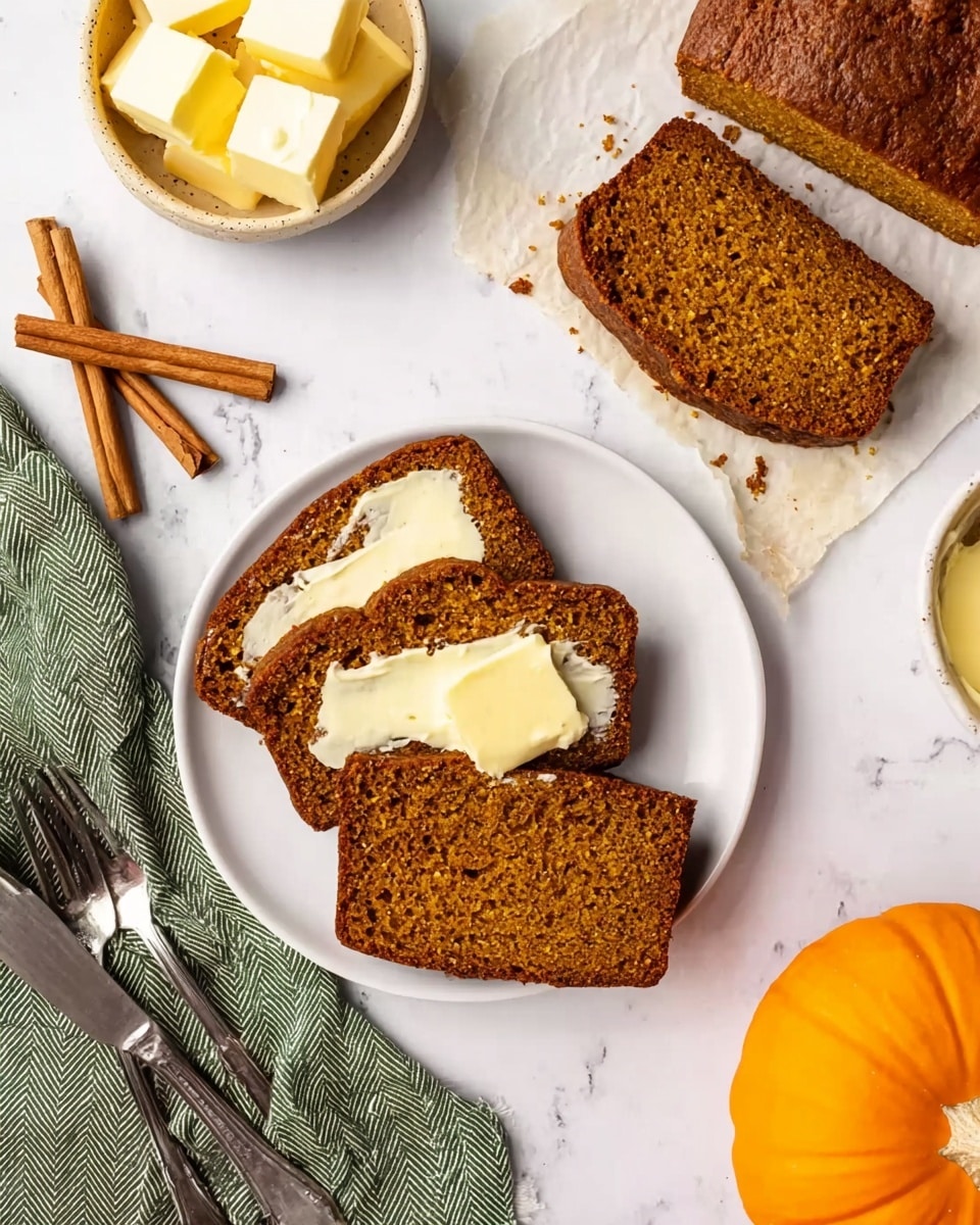 The image shows three thick slices of brown pumpkin bread stacked on a white plate on a green cloth. The top slice has a smooth layer of creamy white butter spread on it. The bread looks moist and dense with a slightly rough texture on the crust and edges. In the background, there is a blurred white plate with another slice of bread, a yellow bowl, and some cinnamon sticks on the white marbled surface. The lighting is soft, making the bread look warm and inviting. Photo taken with an iphone --ar 4:5 --v 7
