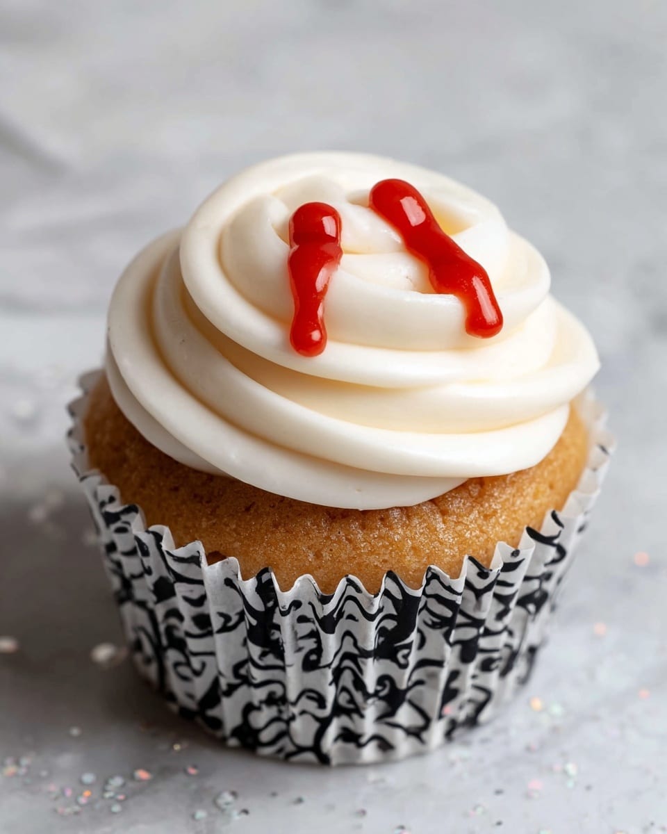 The image shows six cupcakes arranged on a white marbled surface, each with a single layer of light brown cake and topped with a smooth, thick layer of white whipped frosting in a swirl pattern. On the frosting, two small dark chocolate chips are placed near the center of each cupcake, with two small streaks of bright red icing or syrup below the chips, resembling drops of blood. To the left side of the cupcakes, there is a tilted deep red glass goblet with a textured design. The overall scene is bright and clear, giving a clean and simple look. photo taken with an iphone --ar 4:5 --v 7