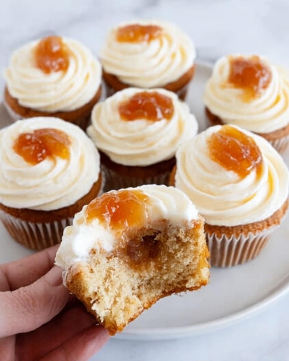 The image shows six cupcakes on a white plate, sitting on a white marbled surface. Each cupcake has a light brown base topped with a swirl of creamy white frosting. In the center of the frosting on each cupcake, there is a dollop of glossy orange jam or fruit filling. One cupcake is broken open to show its soft and moist texture inside, with the white frosting and orange filling clearly visible on top. The scene looks bright and clean, with a woman's hand holding the broken cupcake. Photo taken with an iphone --ar 4:5 --v 7