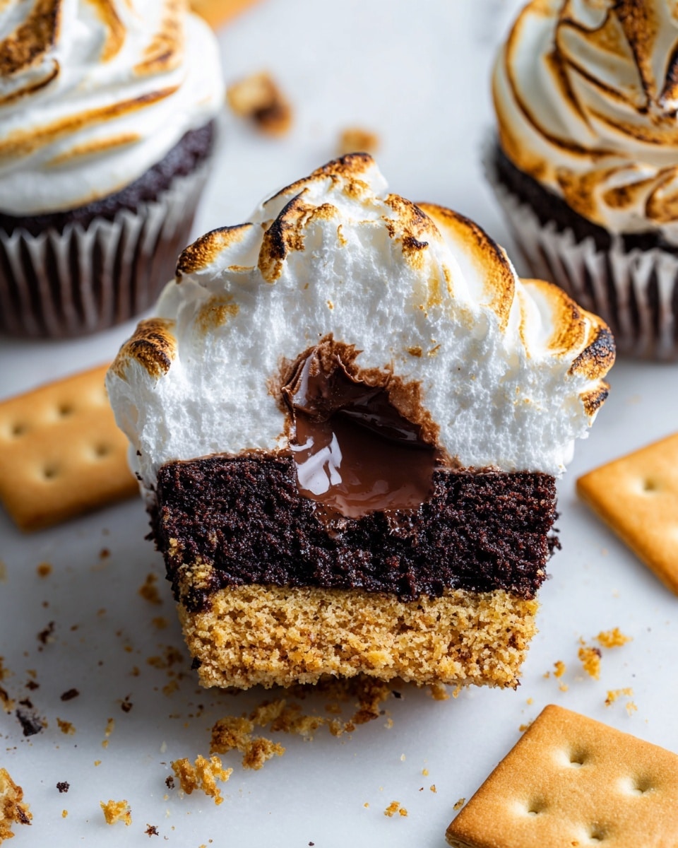 The image shows a cupcake with two main layers and a swirl of toasted frosting on top. The bottom layer is a golden brown crumbly crust, and above it is a dark, moist chocolate cake layer. The frosting on top is white with light brown toasted stripes, shaped in a tall, smooth spiral with a small peak at the top. The cupcake sits on a white marble surface with crumbs scattered around, and there are blurred cupcakes in the background on the same surface. Photo taken with an iphone --ar 4:5 --v 7
