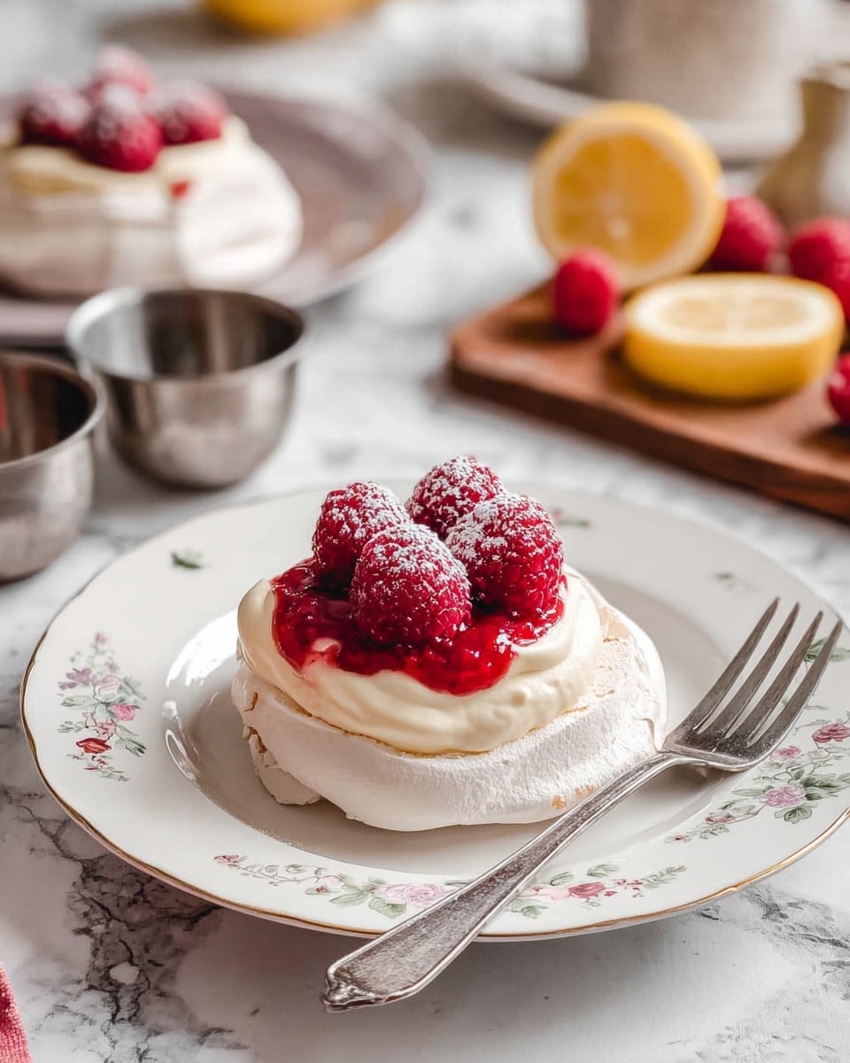The image shows a small pavlova dessert with three main layers. The bottom layer is a round, white meringue with a smooth but slightly cracked texture. On top of this is a creamy white layer of whipped cream, spread thickly and slightly uneven. The final layer consists of several bright red raspberries covered with a light dusting of powdered sugar, resting on a red raspberry sauce that slightly spills over the cream. The dessert is placed on a white plate with a delicate floral pattern, accompanied by a silver fork to the right. The background features a white marbled surface with blurred elements including another pavlova, a wooden board with raspberries and lemon slices, a lemon, and small metal bowls. Photo taken with an iphone --ar 4:5 --v 7