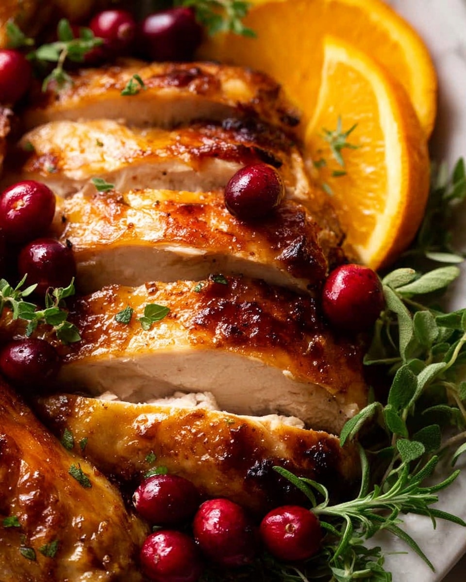 A whole golden-brown roasted chicken sits in the center with a crispy textured skin, surrounded by a layer of fresh green leafy herbs. Around the herbs, there are sliced bright orange wedges and scattered red cranberries, adding color contrast. To the right of the chicken, a white bowl with a chunky dark red cranberry sauce sits on the white marbled surface, and below it, a white gravy boat filled with smooth brown gravy is placed. The scene is rich with warm, earthy, and fresh colors. Photo taken with an iphone --ar 4:5 --v 7