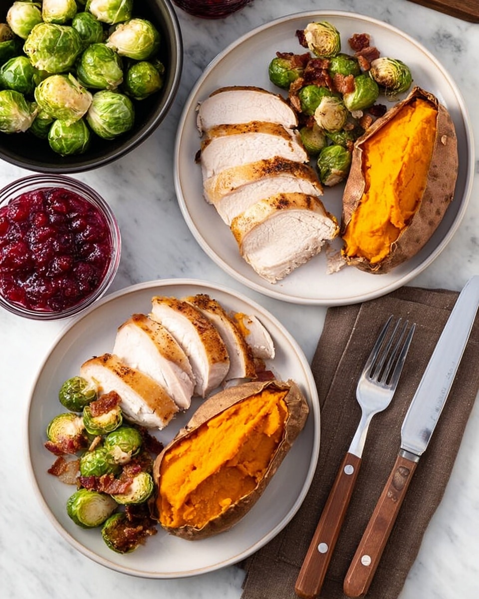 The image shows two white plates on a white marbled surface with a meal of sliced roasted turkey, roasted Brussels sprouts with small bacon pieces, and a baked sweet potato split open and filled with mashed sweet potato. Each plate has about four slices of turkey with a golden-brown outer skin, a group of green Brussels sprouts with some browned spots, and a large sweet potato with bright orange filling. To the top left, there is a black bowl filled with extra Brussels sprouts, and at the top right, a small glass bowl filled with red cranberry sauce. A knife and fork with wooden handles rest between the two plates. Photo taken with an iphone --ar 4:5 --v 7
