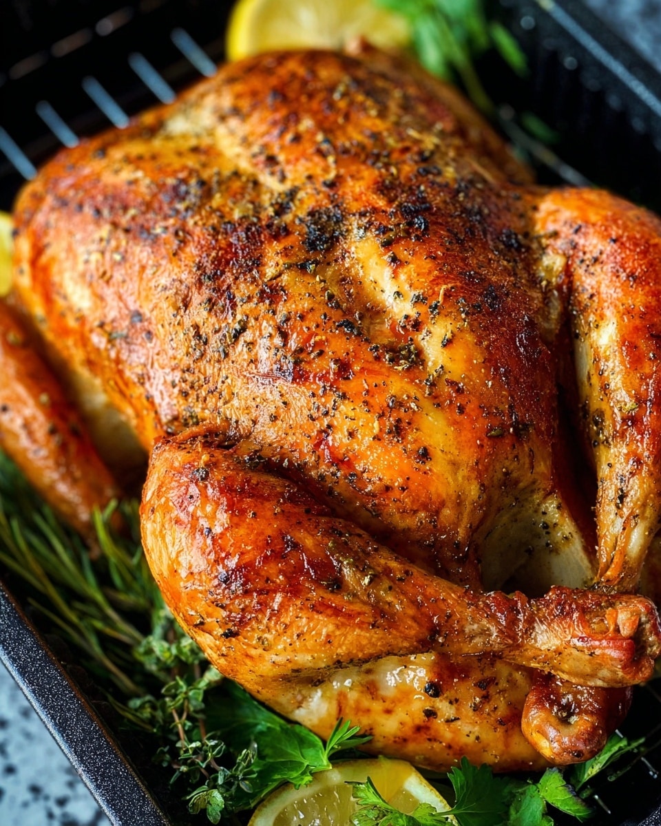 A whole roasted chicken with crispy golden brown skin spotted with black pepper and crumbly seasoning sits on a black grill rack. The chicken has a slightly shiny texture showing its crispiness and is positioned with one leg and wing visible. Underneath the chicken, there are lemon wedges and fresh green herbs like rosemary and thyme, adding a splash of color. The background and surface are a white marbled texture. Photo taken with an iphone --ar 4:5 --v 7