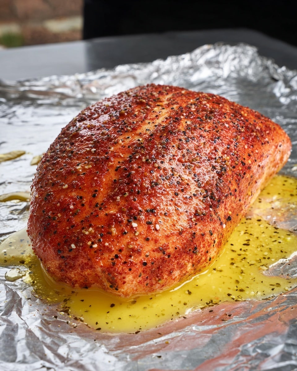 The image shows a single large piece of meat coated in a reddish spice rub with visible black pepper specks. The meat has a smooth, rounded shape with a deep center groove running along the top. It rests on a shiny layer of melted yellow butter that is spread unevenly beneath it, creating a pool surrounding the base. The meat and butter are placed on a sheet of silver aluminum foil, all set against a white marbled textured background. The photo taken with an iphone --ar 4:5 --v 7