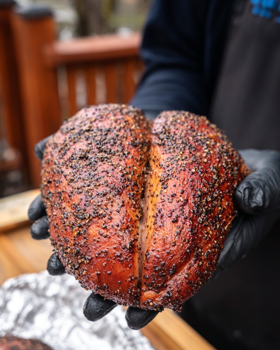 A large smoked meat brisket is held by a person wearing black gloves, showing a rich reddish-brown outer layer covered in cracked black pepper and coarse spices, giving it a rough textured surface. The meat has a prominent central split and appears slightly shiny, indicating tenderness inside. The background is blurred with outdoor wooden elements, while the meat is positioned over a white marbled surface with some foil underneath. Photo taken with an iphone --ar 4:5 --v 7