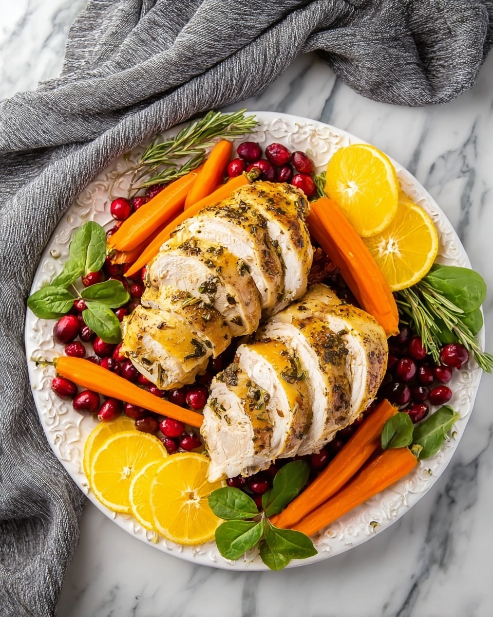 A white decorative plate is filled with two sliced cooked chicken pieces placed in the center, showing a golden-brown skin with herbs on top and inside. Around the chicken are bright orange carrot sticks, red cranberries, fresh green leaves, and yellow lemon slices positioned evenly to create a colorful frame. The plate sits on a white marbled surface with a gray cloth draped to the upper left side. photo taken with an iphone --ar 4:5 --v 7