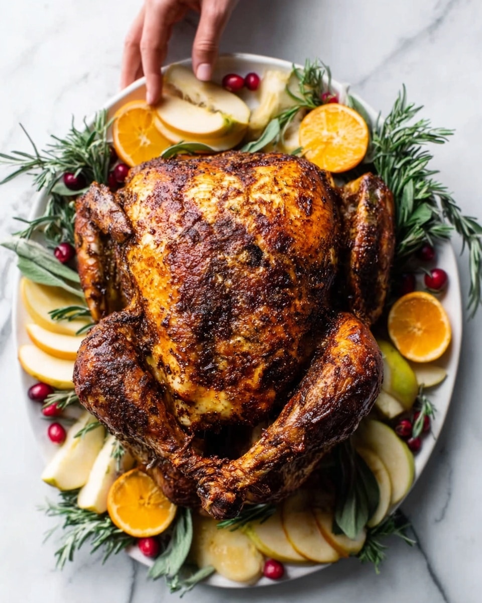 A whole roasted dark brown turkey with a crispy skin sits on a white plate, tied at the top of the drumsticks with white string. The turkey is surrounded by green sprigs of rosemary, bright orange slices, pale yellow apple slices with red edges, and a whole orange persimmon fruit with its green top. A few red cranberries are scattered around the plate. The setting is on a white marbled textured surface with soft natural light. photo taken with an iphone --ar 4:5 --v 7