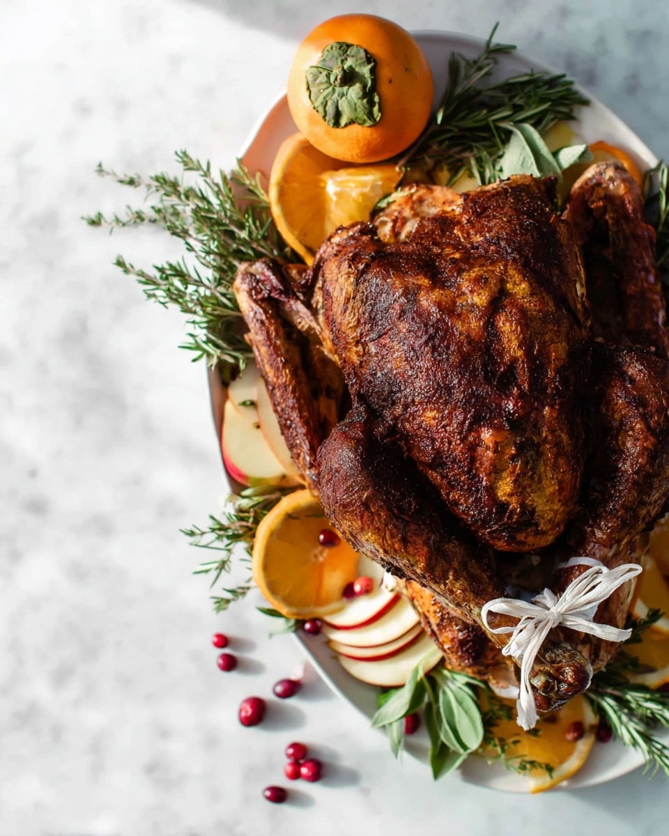A whole roasted chicken with crispy, dark golden brown skin sits centered on a white plate. Underneath the chicken, there is a layer of green rosemary sprigs arranged loosely. Around the chicken on the plate, there are sliced rings of pale yellow apples and bright orange tangerines scattered evenly. Small red berries are also spread around the plate edges, adding pops of color. The plate rests on a white marbled surface, and a woman's hand is visible reaching from the top left corner, touching the chicken. photo taken with an iphone --ar 4:5 --v 7