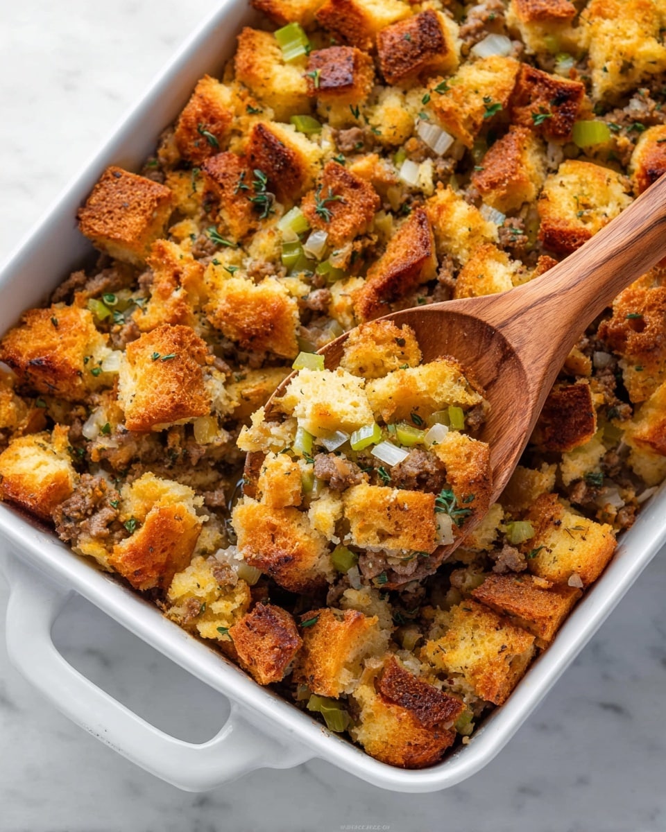 The image shows a white baking dish filled with a layered stuffing dish. The top layer has large, golden-brown toasted bread cubes with a crisp texture. Below the bread cubes are a mix of minced cooked meat, small pieces of green celery, and bits of herbs scattered throughout, adding green color spots. The stuffing looks moist but the bread cubes on top are crunchy. A wooden spoon is scooping out some of the stuffing, showing the layered mix inside with the soft bread, meat, and vegetables. The dish sits on a white marbled surface. photo taken with an iphone --ar 4:5 --v 7
