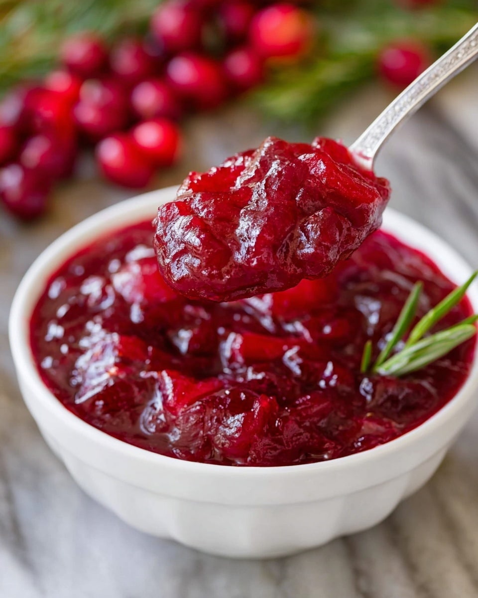 A close-up image of a white bowl filled with chunky, deep red cranberry sauce that has a thick, slightly shiny texture. A spoon holds a scoop of the sauce above the bowl, showing the mix of smooth and small fruit pieces in the sauce. In the blurred background, there are fresh red cranberries and green garnish, all placed on a white marbled surface. Photo taken with an iphone --ar 4:5 --v 7