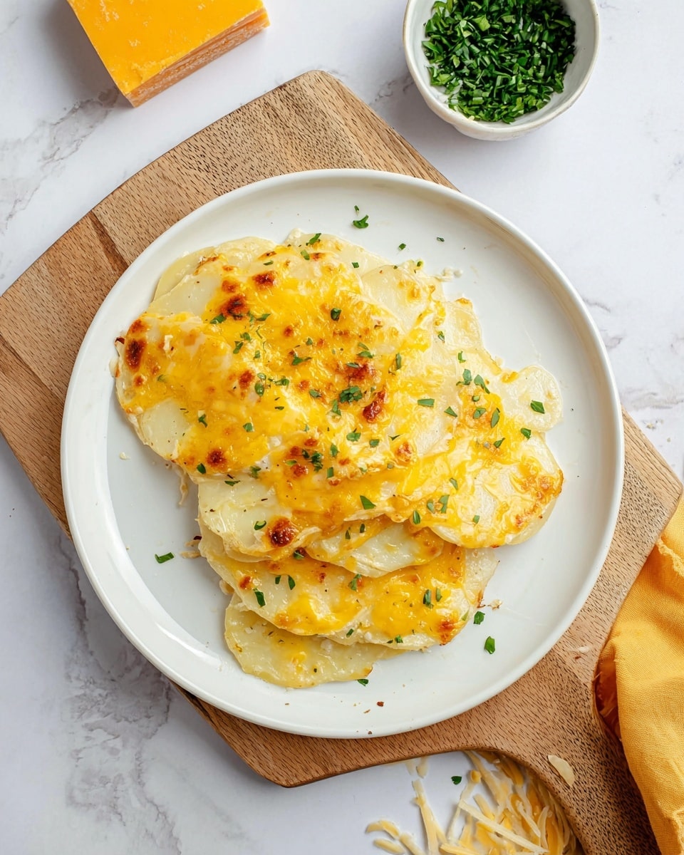 The dish shows a white plate with three layers of scalloped potatoes, each layer made of thin, creamy white potato slices covered in melted golden-yellow cheese with some brown spots on top. The cheese looks gooey and slightly browned, with some small green herb pieces sprinkled on top for color. The plate is placed on a wooden cutting board, with a small white bowl of chopped green herbs and a block of orange-yellow cheese nearby. The whole scene is set on a white marbled surface. Photo taken with an iphone --ar 4:5 --v 7