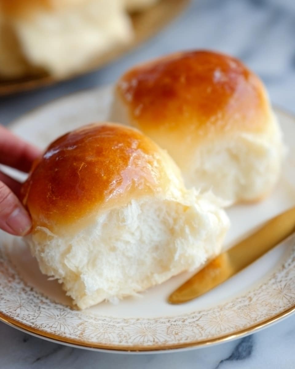 Two soft, golden-brown bread rolls sit side by side on a white plate with a detailed, light brown geometric pattern. Each roll has a shiny, smooth top crust, showing a light gradient from darker brown at the middle to lighter at the edges. The sides of the rolls are white and fluffy, showing a soft, airy texture. One roll is slightly open, revealing its light, fluffy inside. The plate rests on a deep blue cloth, and a silver butter knife with a shiny handle is partly visible in the corner. The surface under the plate is a white marbled texture. photo taken with an iphone --ar 4:5 --v 7