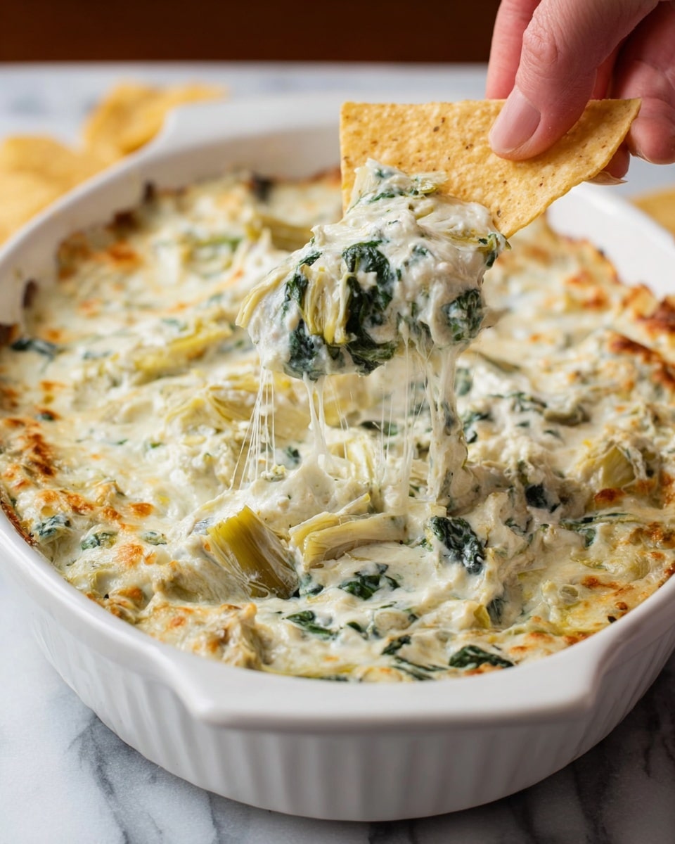 A white oval dish filled with a creamy spinach and artichoke dip showing three textured layers: a smooth white cheese layer mixed with soft green spinach pieces and pale yellow artichoke chunks, all melted together with visible stretchy melted cheese strings. On top, a woman's hand holds a triangular light brown tortilla chip dipped into the creamy mixture. The dish sits on a white marbled surface. Photo taken with an iphone --ar 4:5 --v 7