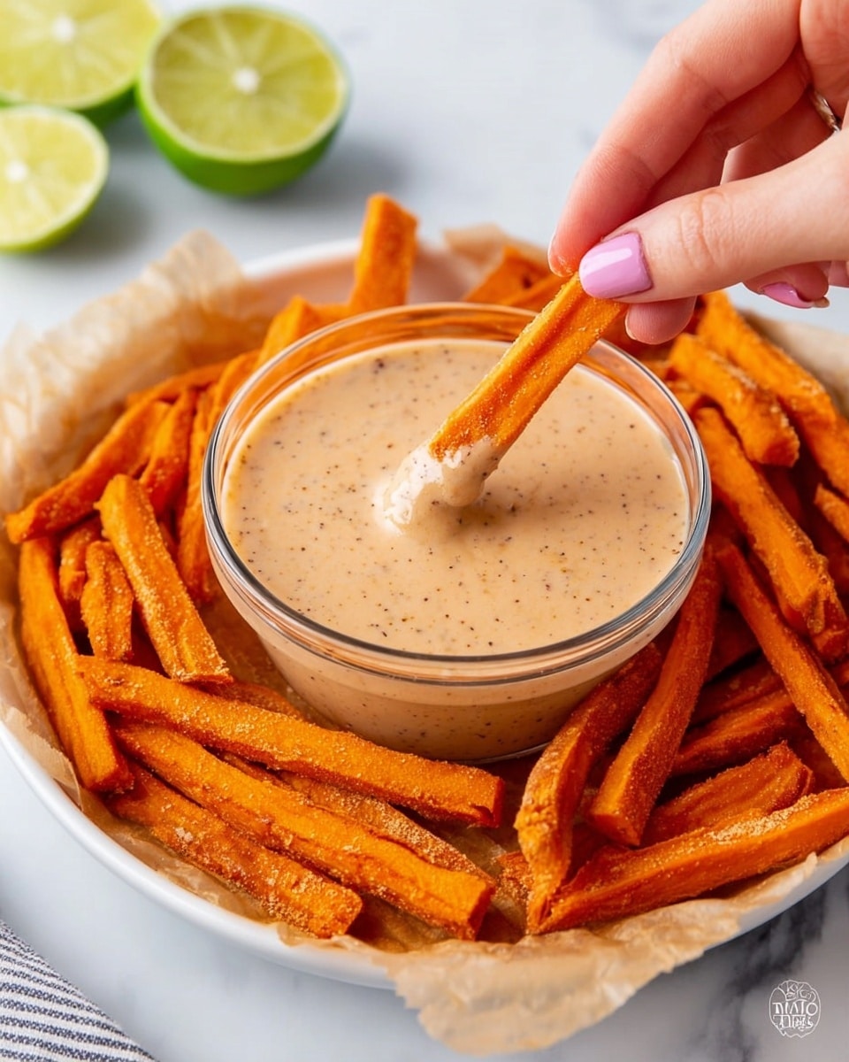 A clear glass bowl filled with smooth, light beige sauce with tiny dark specks sits in the center. Around the bowl, there are many thick, bright orange sweet potato sticks with a slightly rough texture, some touching the sauce. A woman's hand with light pink nail polish is holding one sweet potato stick, dipping it into the sauce. The whole setup is on a white plate lined with light brown parchment paper, placed on a white marbled surface. In the background, there are two lime halves, one visible and one partially hidden. photo taken with an iphone --ar 4:5 --v 7