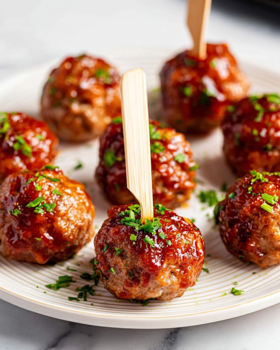 A white plate with a thin striped pattern holds several round meatballs coated in a shiny reddish-brown glaze. Each meatball is pierced in the center by a small wooden skewer with a flat, paddle-like top. The surface of the meatballs shows a slightly textured, cooked meat appearance with some small bits visible and bright green chopped herbs sprinkled on top and around them. The background is a white marbled surface. Photo taken with an iphone --ar 4:5 --v 7
