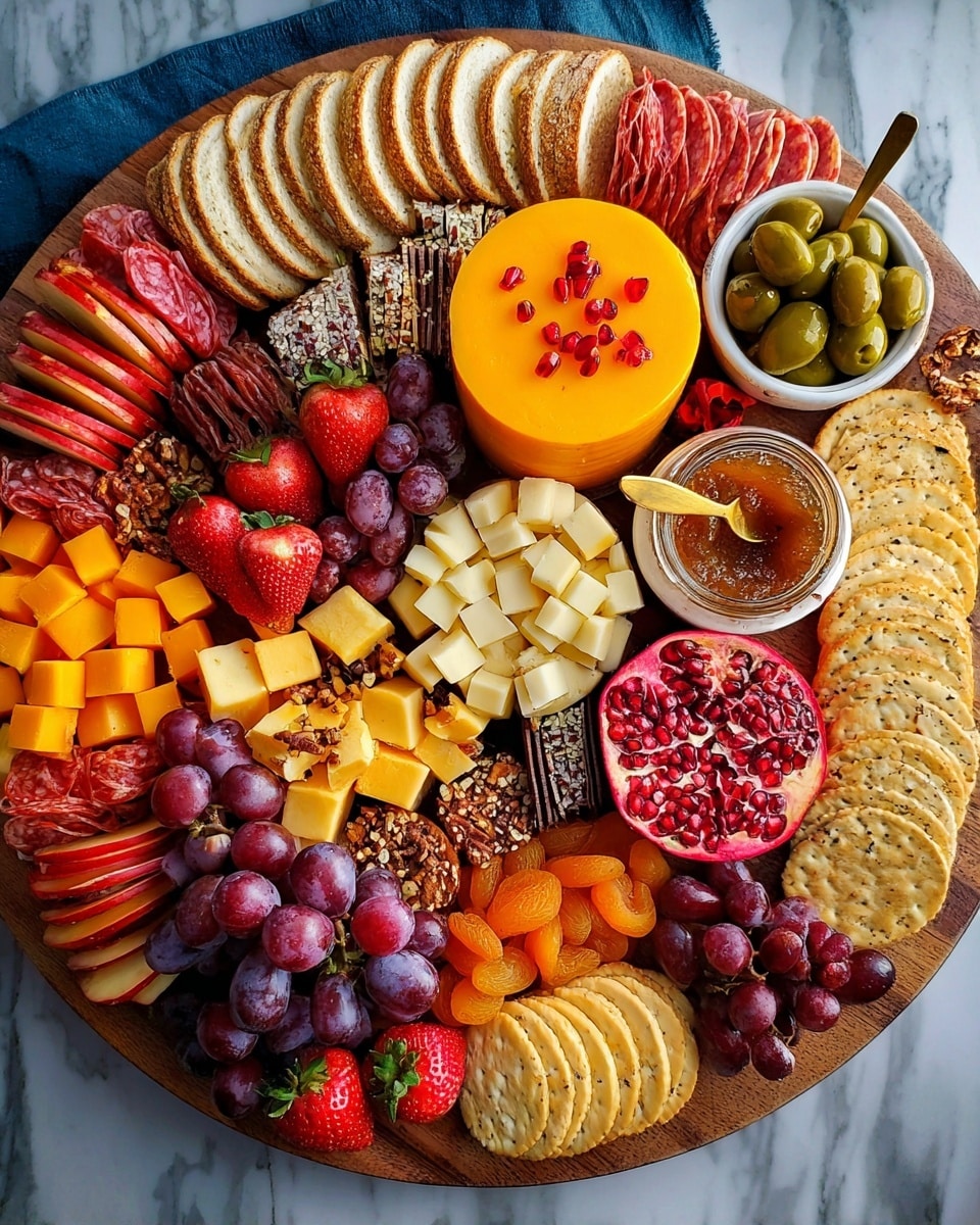 A round wooden board is filled with a colorful mix of foods arranged in layers and small white bowls. At the top, there is a row of sliced white bread curving around thin slices of folded red cured meat and pale yellow cheese slices. In the center is a large thick piece of orange cheese with small red pieces inside, surrounded by more folded red cured meat. To the left, layers of red apple slices, small pale yellow cheese cubes, red grapes, orange dried apricots, and two small white bowls with nuts sit next to fresh red strawberries. Toward the bottom, curved lines of crackers, pale yellow cheese cubes, and a bright red pomegranate half with seeds face upward. On the right side, a small white bowl holds green olives with black pepper; near it, there are orange dried apricots, small yellow cheese cubes, more red grapes, dark small square pieces of dark chocolate, strawberries, thin black speckled crackers, and two small jars of orange jam with gold spoons inside. The whole board rests on a white marbled surface. Photo taken with an iphone --ar 4:5 --v 7