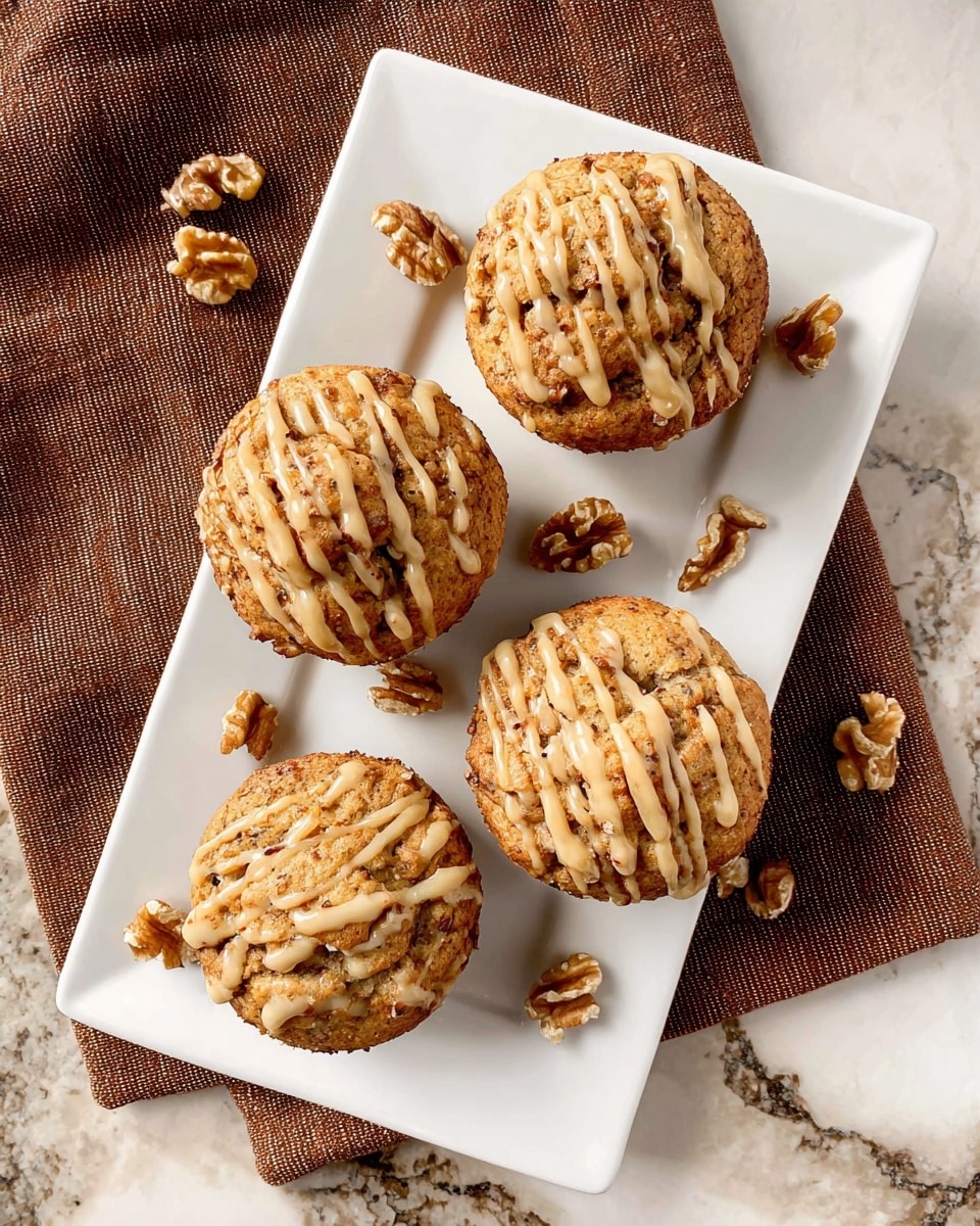 Five round scones with a rough, golden-brown crust sit piled on a white cake stand. Each scone is topped with light brown glaze drizzled in thin waves over the textured surface. The scones show darker browned patches and crumbs, giving a rustic, homemade look. The cake stand is placed on a brown cloth that rests on a white marbled surface, with a few walnut halves scattered around. The background shows soft, blurry light circles in a beige tone. photo taken with an iphone --ar 4:5 --v 7