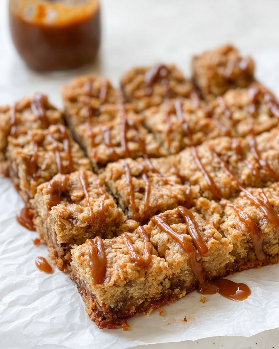 A square crumbly oat bar with a golden brown color sits on white parchment over a white marbled surface. The bar is cut into small squares and has a rough textured top layer mixed with oats and browned bits. A light brown caramel sauce is drizzled unevenly across the bar, adding a shiny contrast to the matte crumbly surface. The edges show a slightly darker baked crust, while the inside looks dense but crumbly. A jar is blurry in the background on the top left. Photo taken with an iphone --ar 4:5 --v 7