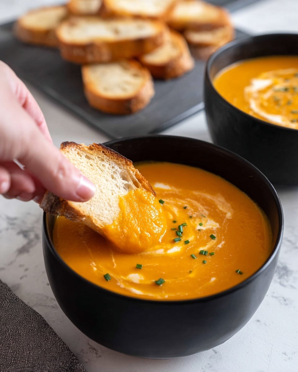 A close-up of one black bowl filled with smooth, thick orange soup. The soup has a swirl of cream on top with small green chive pieces scattered around. A woman's hand is dipping a toasted, light brown piece of bread into the soup, lifting some soup on it. In the background, there is another black bowl with the same orange soup and a white marble surface with a grey board holding several toasted bread slices. photo taken with an iphone --ar 4:5 --v 7