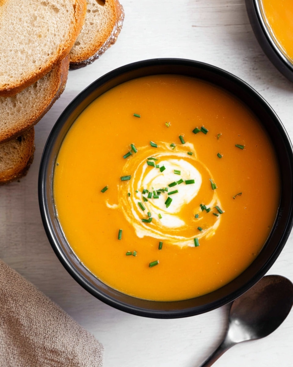 A black bowl holds one layer of smooth, bright orange soup with a creamy white swirl near the center, topped with small green chives scattered over it. Beside the bowl are two light brown toasted bread slices on a white marbled surface. Part of a beige cloth and a silver spoon appear at the bottom edge of the image. Photo taken with an iphone --ar 4:5 --v 7
