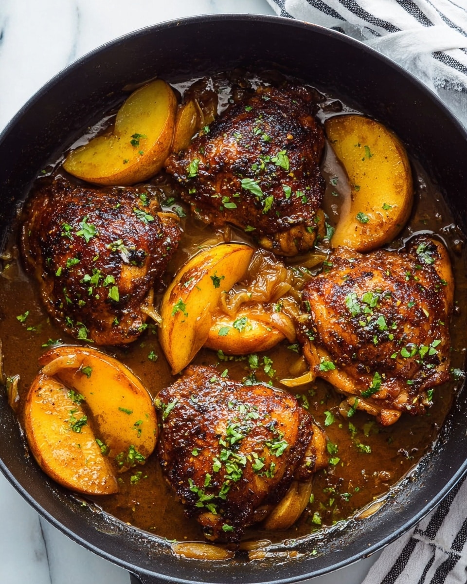The image shows a black pan filled with four browned and cooked chicken thighs, each with a crispy, dark golden skin and sprinkled with small bits of green parsley. Around the chicken thighs, there are several thick slices of golden-brown cooked apple pieces that look soft and slightly caramelized. The chicken and apple slices sit in a thick, shiny brown sauce that looks rich and flavorful, with small bits of seasoning visible throughout. The pan is set on a white marbled surface, with part of a striped cloth visible near one side. photo taken with an iphone --ar 4:5 --v 7