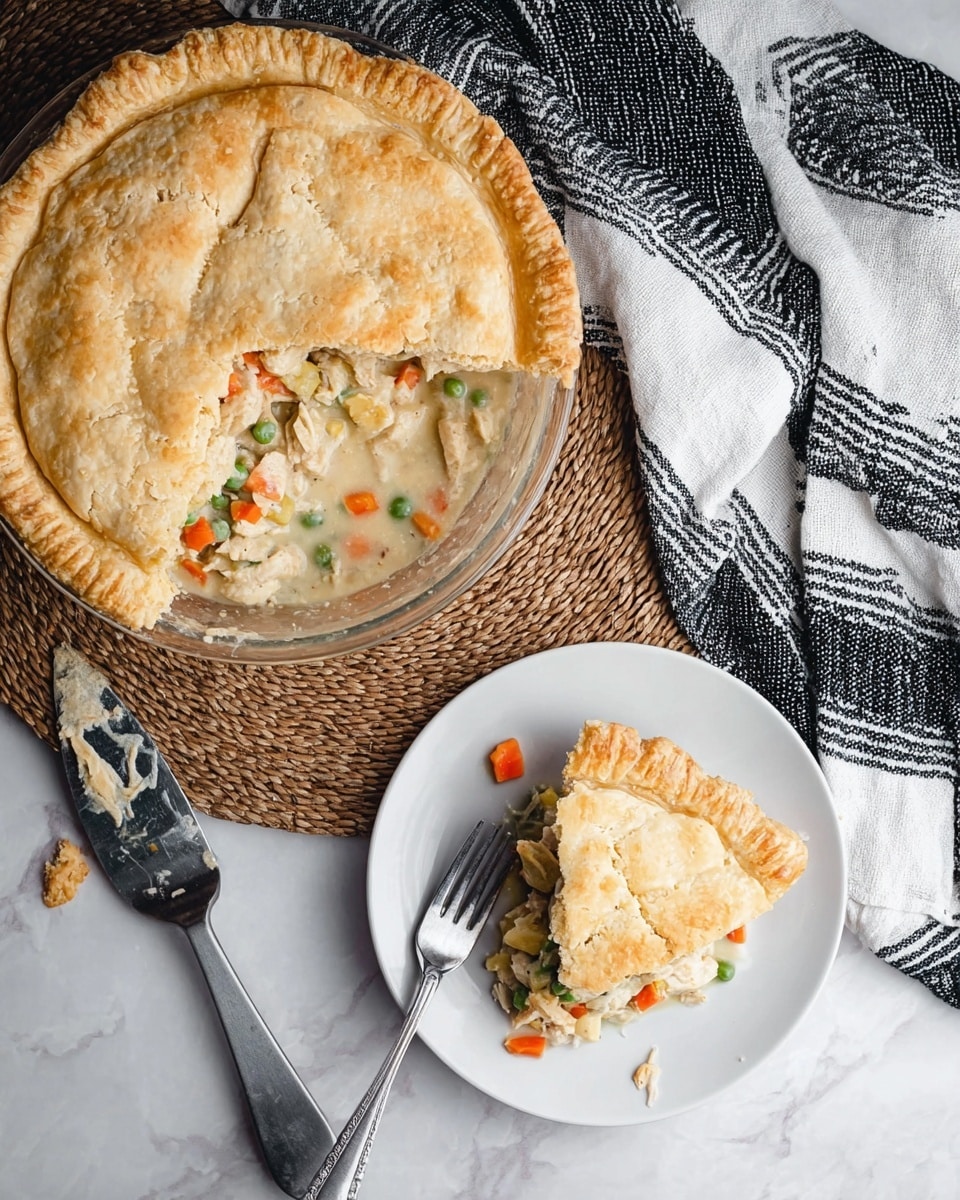 The image shows a close-up of a white pie dish holding a chicken pot pie with a golden, flaky crust on top. One slice has been removed, revealing the inside layers of creamy white sauce mixed with chunks of light beige chicken, bright green peas, orange carrots, and soft white potatoes. The pie dish rests on a textured dark woven mat with a white marbled surface in the background, and a soft striped cloth is blurred in the back. Photo taken with an iphone --ar 4:5 --v 7