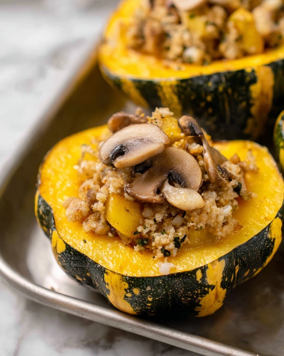 The image shows a white marbled surface holding a metal tray with a yellow-green acorn squash that is sliced in half. Each half is filled with a mixture of small beige crumbled pieces, cooked yellow-orange squash flesh, sliced light brown mushrooms, and small white vegetable chunks. The squash skin is thick and dark green with yellow stripes, creating a bowl for the filling. The textures inside look soft and chunky, with the squash flesh slightly mashed and mixed evenly with other ingredients. Photo taken with an iphone --ar 4:5 --v 7