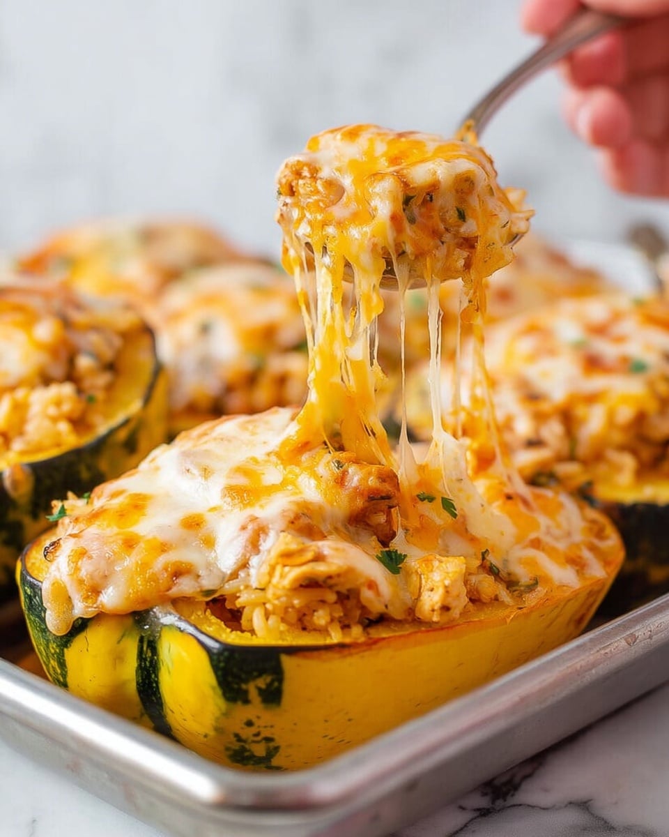 The image shows a close-up of a yellow and green striped squash half filled with a mix of cooked rice, small chunks of chicken, and finely chopped vegetables. The top layer is melted orange and white cheese with a browned, slightly crispy texture. A woman's hand is holding a spoon lifting a portion of the squash, stretching the melted cheese in long strings above the filled squash. The squash is inside a silver baking tray with more stuffed squash halves blurred in the background. The surface under the tray is a white marbled texture. photo taken with an iphone --ar 4:5 --v 7