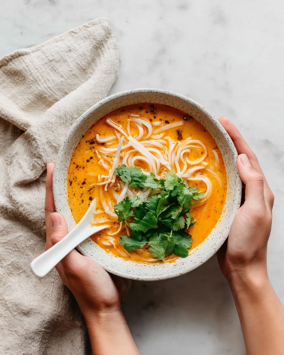 A bowl of orange-colored noodle soup with a creamy texture fills the white speckled bowl. Inside the soup, there are white noodles layered throughout, with some noodles floating on top. Bright green cilantro leaves are placed on the right side on the surface of the soup. A white spoon rests inside the bowl on the left, held by a woman's hand, while the other woman's hand gently holds the bowl on the right side. The bowl is set on a white marbled surface with a beige cloth casually placed in the upper left corner. photo taken with an iphone --ar 4:5 --v 7