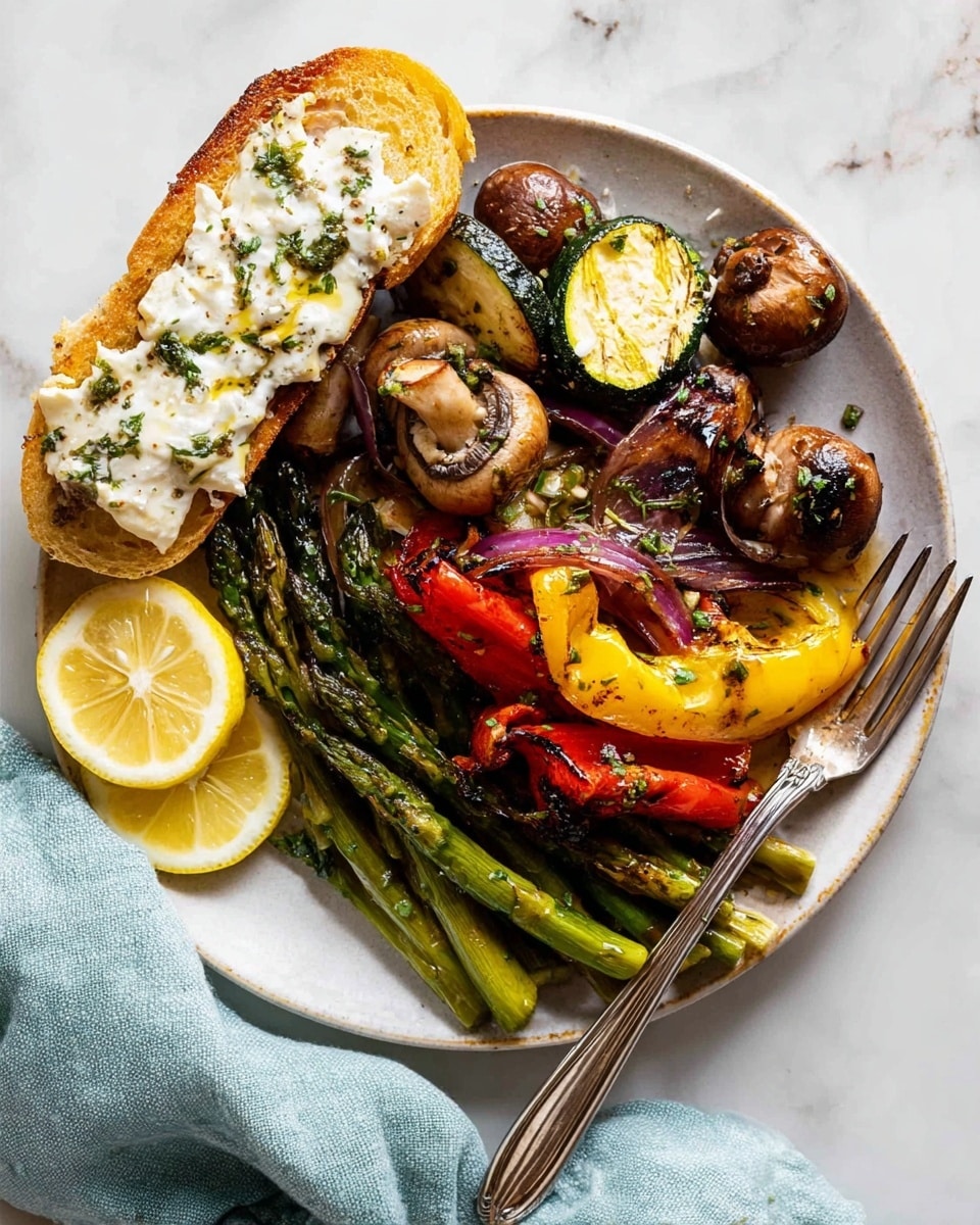 A round white plate is filled with three main layers: the bottom layer shows green asparagus tips spread out across the plate; on top of that, there is a mix of grilled vegetables including whole brown mushrooms, slices of yellow and red bell peppers, charred red onion pieces, and green zucchini rounds, all coated with a light glaze; on the left side, a piece of toasted bread topped with white soft cheese and herbs sits slightly leaned on the vegetables. Two lemon wedges rest near the bottom and top edge of the plate. A silver fork lies next to the vegetables on the right side, with a light blue cloth napkin placed beneath it. The background is a white marbled texture. Photo taken with an iphone --ar 4:5 --v 7