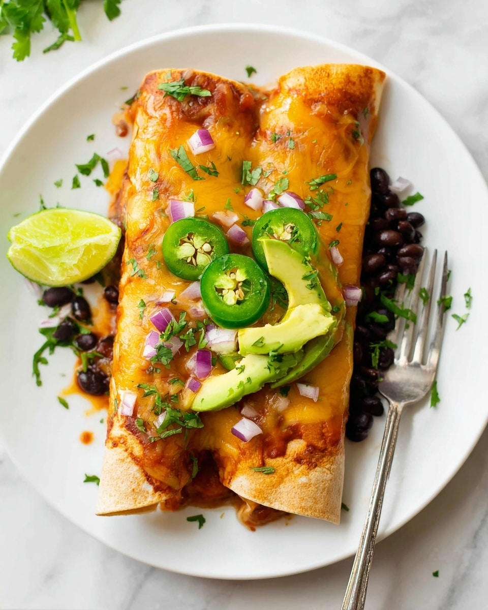 Two rolled enchiladas with a light brown tortilla are placed side by side on a white plate. They are covered with melted orange and yellow cheese, with some bits of sauce visible under the cheese. On top, there are several small green slices of jalapeño, thin slices of avocado, and tiny squares of purple onion, with finely chopped green cilantro sprinkled over all. To the side of the plate, there is a lime wedge, some scattered black beans, and extra cilantro leaves. A silver fork rests on the plate's edge. The plate sits on a white marbled surface. Photo taken with an iphone --ar 4:5 --v 7