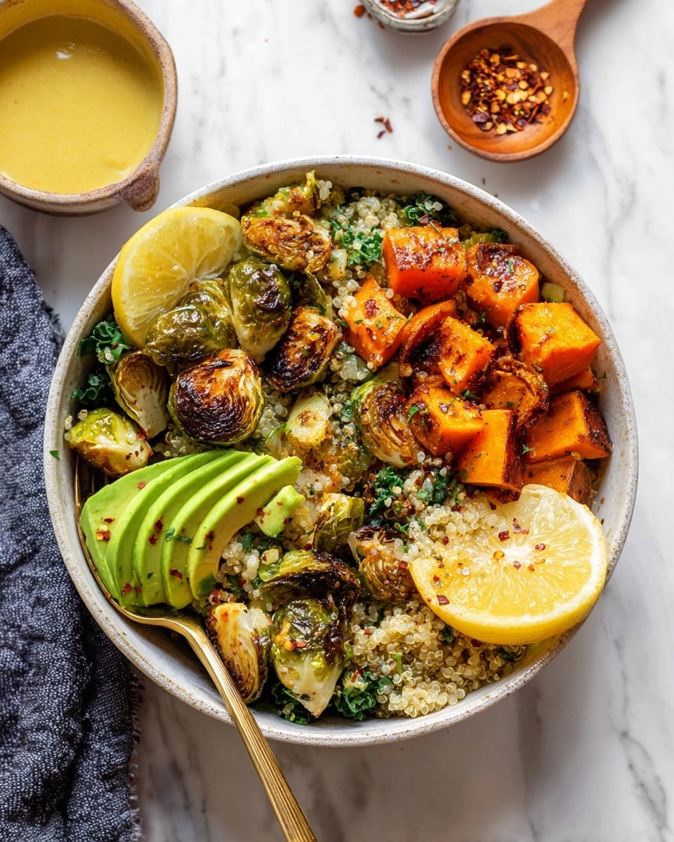 A white bowl filled with a colorful salad showing four main layers: at the bottom is a layer of light, fluffy quinoa mixed with bits of green kale; on top of this are bright roasted Brussels sprouts with a slightly browned, crispy texture; next to them are chunks of roasted orange sweet potatoes with a caramelized surface; finally, two slices of ripe, green avocado sprinkled with dark red chili flakes and two lemon wedges sit on the side. A gold spoon rests inside the bowl, and the bowl sits on a white marbled surface with a small round container of yellow sauce and a wooden spoon with red chili flakes nearby. Photo taken with an iphone --ar 4:5 --v 7