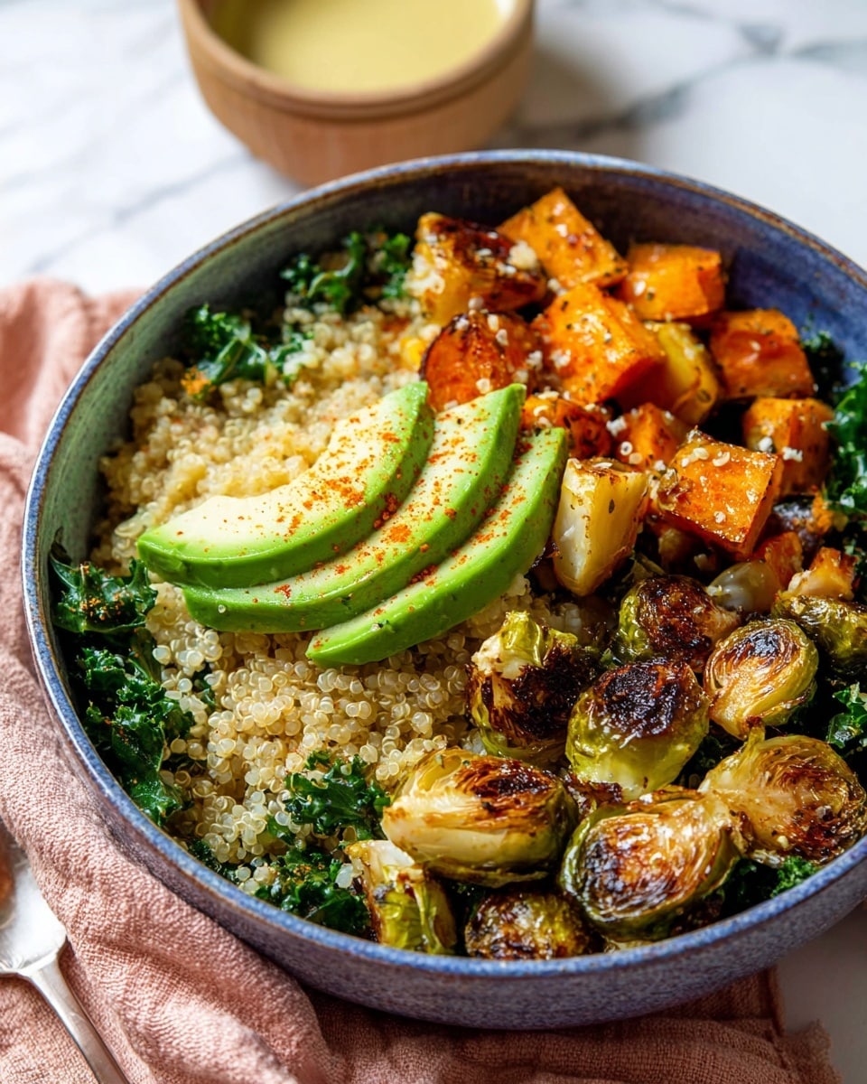 A bowl filled with three main layers: starting with a base of cooked quinoa that is light beige and fluffy, topped with vibrant green kale leaves adding a fresh texture. Over this, there are golden-brown roasted Brussels sprouts with a slightly crispy and caramelized exterior, alongside bright orange roasted sweet potato cubes with a caramelized surface. On top, there are slices of light green avocado fanned neatly in three places, sprinkled with a dash of red seasoning. The bowl itself is a rustic blue, placed on a white marbled surface with a soft pink cloth nearby. A small clay bowl with light yellow dressing is visible out of focus in the background. Photo taken with an iphone --ar 4:5 --v 7