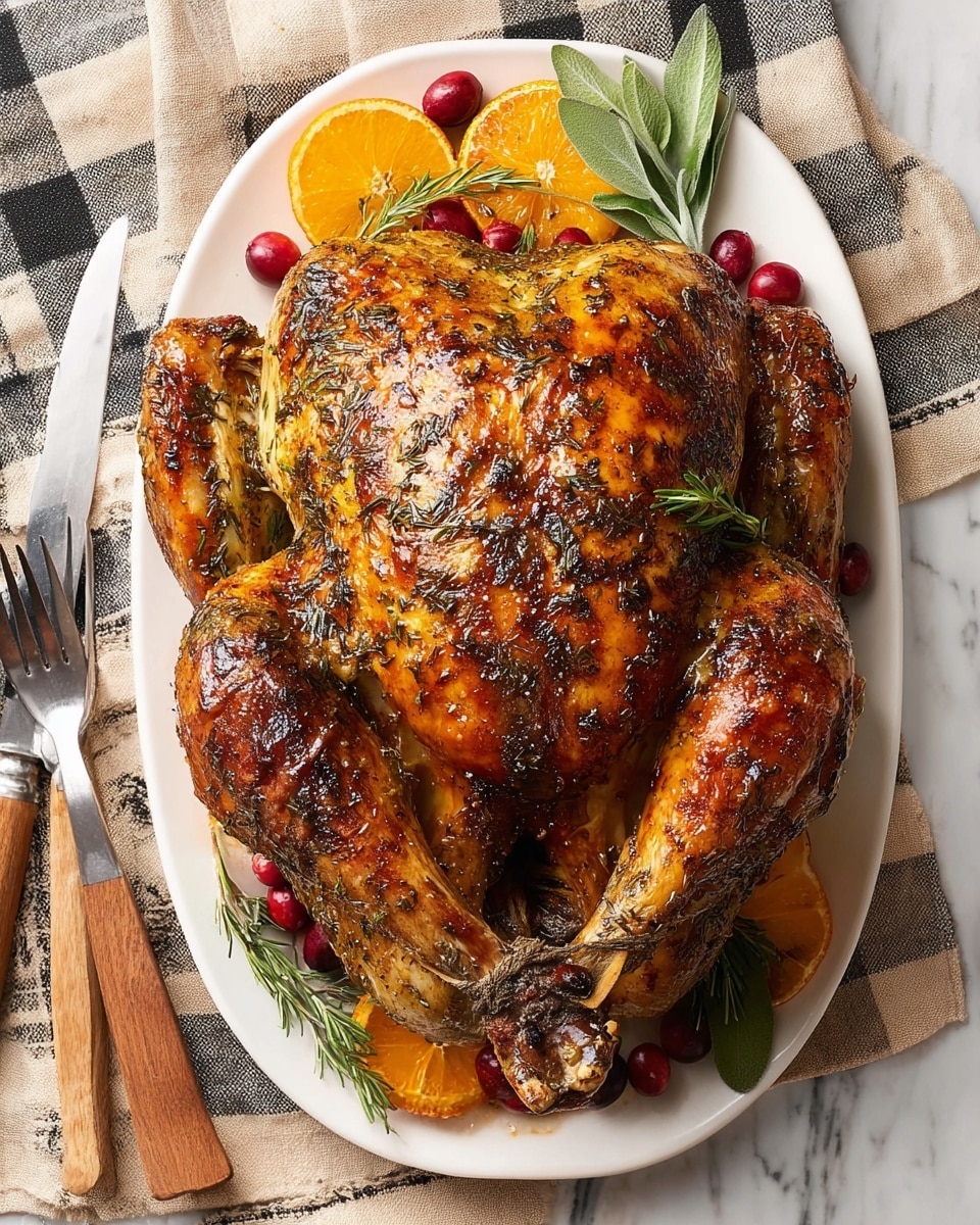 A whole roasted chicken with a deep golden brown, crispy skin covered in herbs sits centered on a large white oval plate. The chicken's legs are tied together at the bottom, with rich color and a slightly shiny texture from the glaze. Around the chicken, there are green fresh herb sprigs, bright red cranberries, and halved seared orange slices, creating a colorful garnish border against the white plate. The plate is placed on a white marbled surface, with a rustic knife and fork with light wooden handles lying to the left on a beige and black checkered cloth. photo taken with an iphone --ar 4:5 --v 7