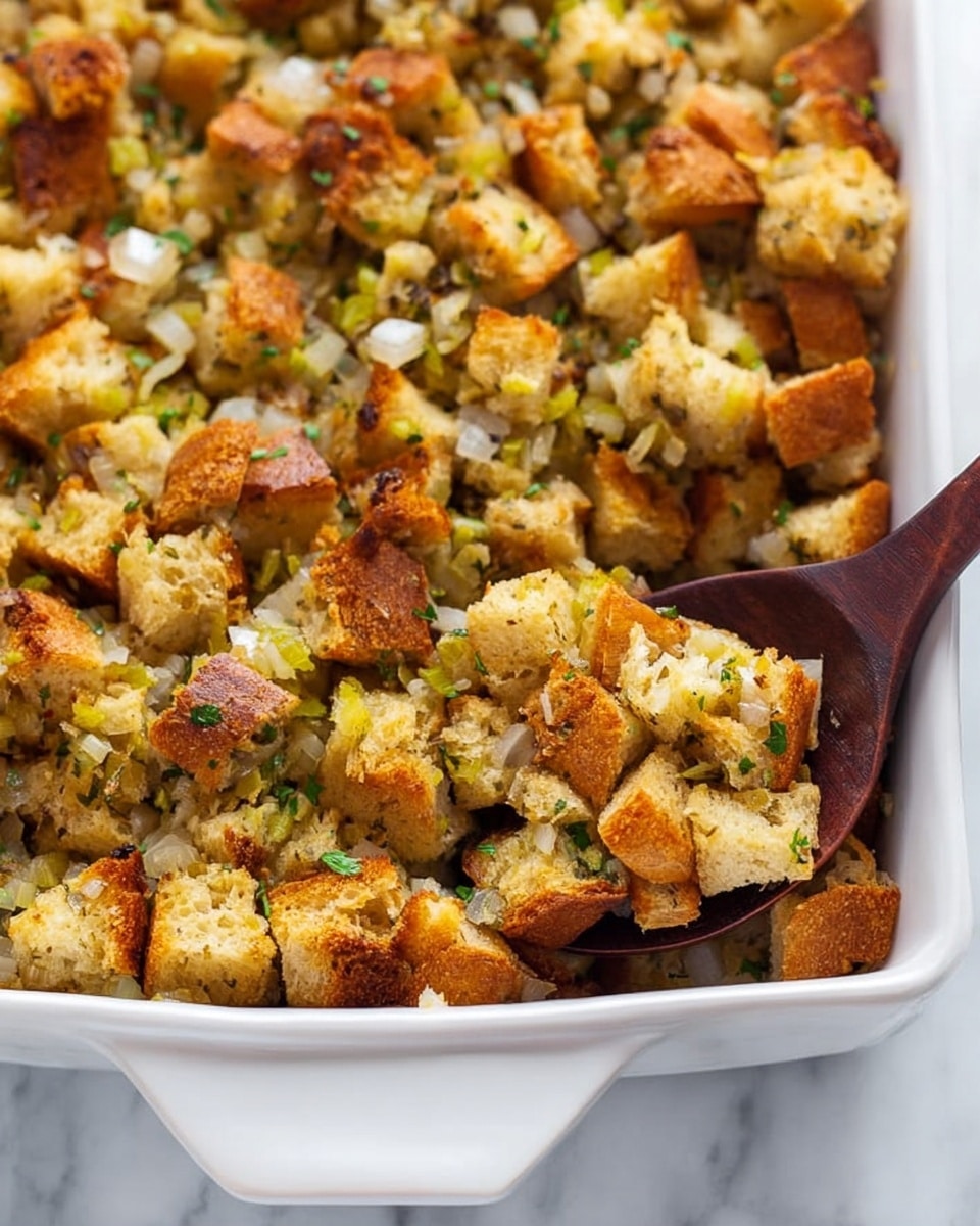 A white rectangular baking dish filled with one even layer of golden brown bread cubes seasoned with bits of green herbs and small pieces of cooked celery mixed in. The bread cubes show a toasted texture with slight color differences from light golden to deeper brown. The dish is placed on a white marbled surface, surrounded by a wooden spoon, a small bowl of green chopped herbs, a bowl of coarse salt, and a red, white, and green patterned cloth. Photo taken with an iphone --ar 4:5 --v 7