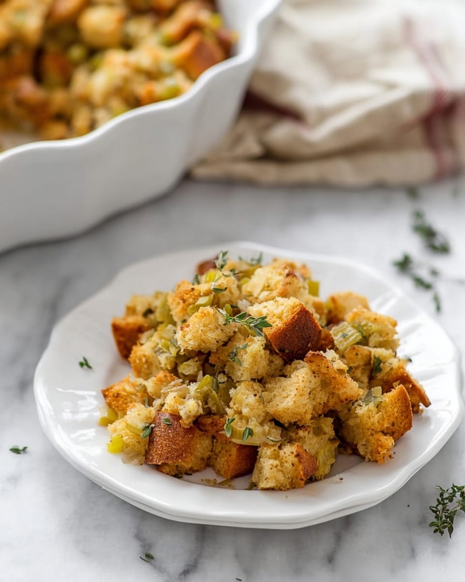 The image shows a white baking dish filled with a layered stuffing dish made of toasted bread cubes. The bread cubes are golden brown with some lighter pieces, mixed with small green herb bits scattered throughout. Small bits of cooked onion or celery add a soft, translucent texture among the bread. A dark wooden spoon is partially scooping the stuffing from the right side, showing the mixture's slightly crumbly and moist texture. The dish is placed on a white marbled surface. photo taken with an iphone --ar 4:5 --v 7