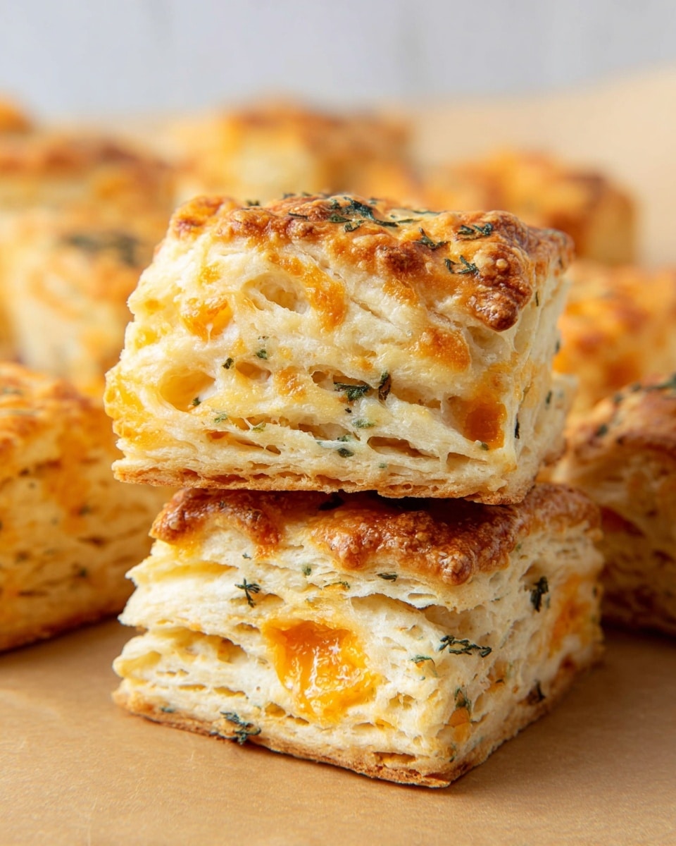 The image shows a stack of two square-shaped biscuits on a sheet of brown baking paper, placed on a white marbled surface. Each biscuit has multiple visible flaky layers that are light golden with patches of melted cheese creating small orange spots within the layers. The top biscuit is golden brown with small dark green herb flakes scattered on its crust, adding texture and color contrast. Around the stack, several more biscuits with similar textures and toppings are slightly blurred in the background, making the stack the main focus. photo taken with an iphone --ar 4:5 --v 7