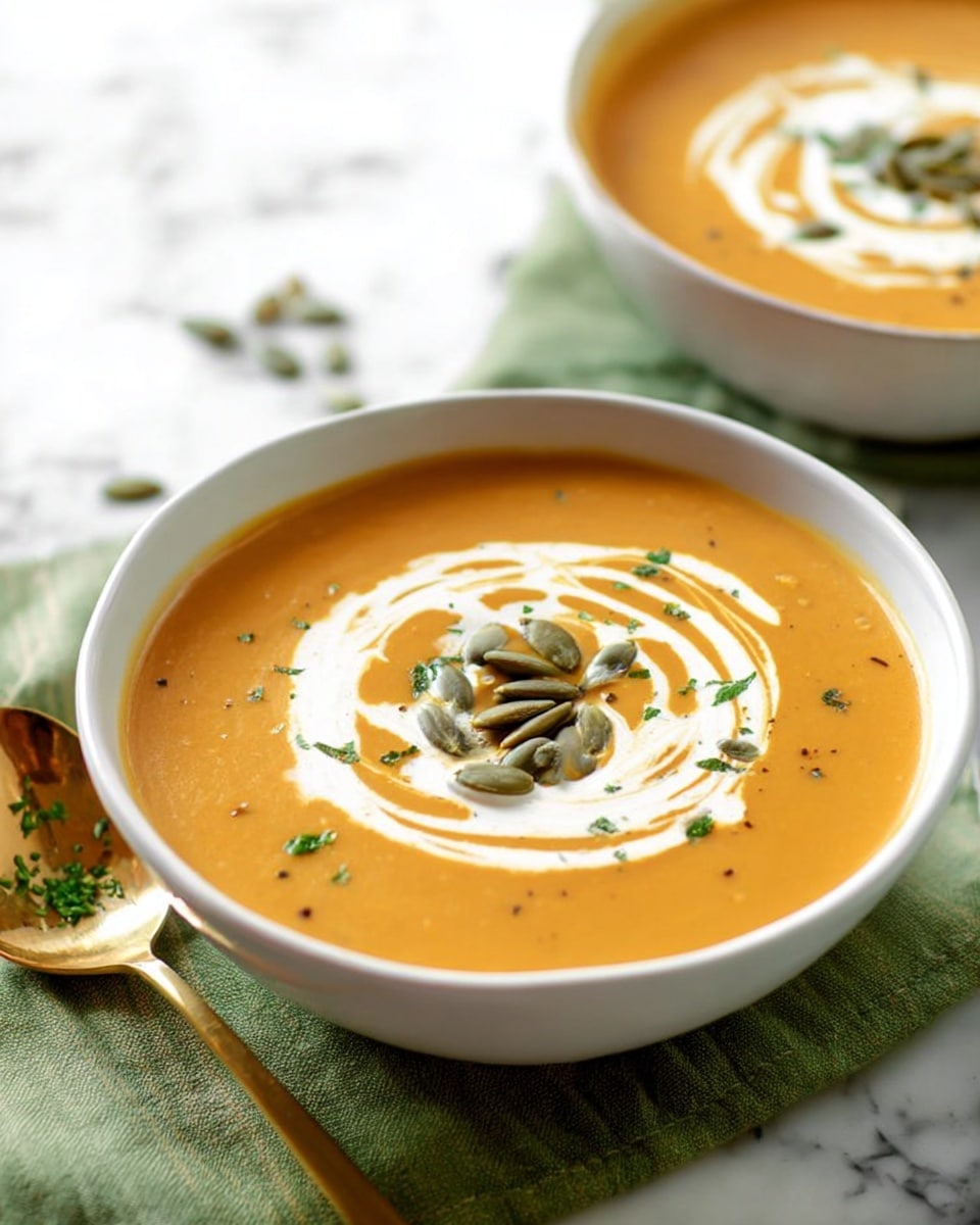 The image shows a white bowl filled with smooth, orange soup, topped with a swirl of white cream forming a circular pattern. In the center of the cream swirl, there is a small pile of green pumpkin seeds. Small green herb bits are scattered sparsely on the surface of the soup. The bowl rests on a green cloth placed on a white marbled surface. In the foreground, there is a gold spoon with some small green herb bits on it. Another bowl of the same soup with similar cream and seed topping is partially visible at the bottom right corner. photo taken with an iphone --ar 4:5 --v 7
