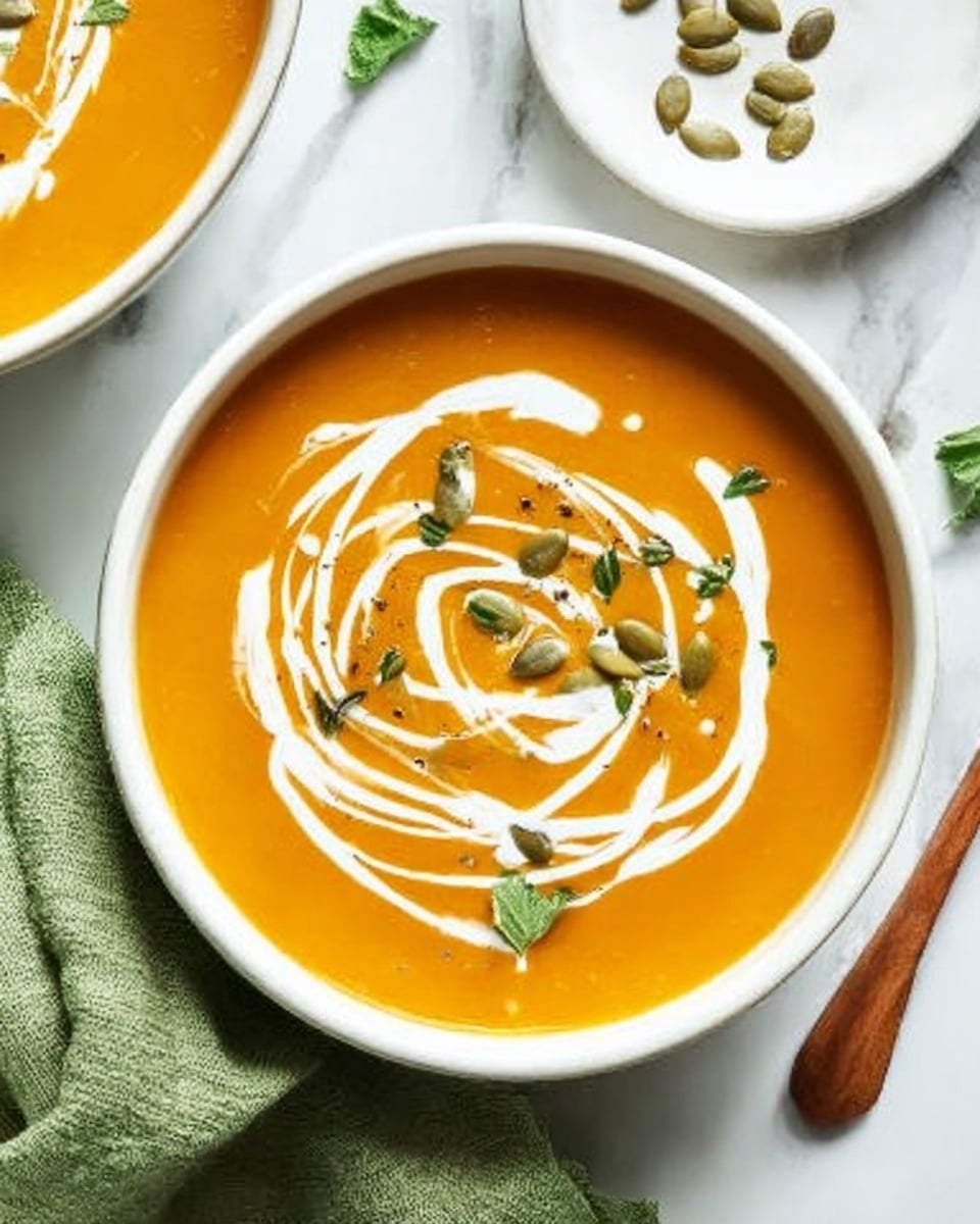A white bowl filled with smooth orange soup, topped with a swirl of white cream, some small green herbs, and a few pumpkin seeds scattered on top. The bowl is placed on a white marbled surface next to a folded green cloth. Another white plate with a small amount of soup and cream swirl is partially visible in the top left corner. Photo taken with an iphone --ar 4:5 --v 7