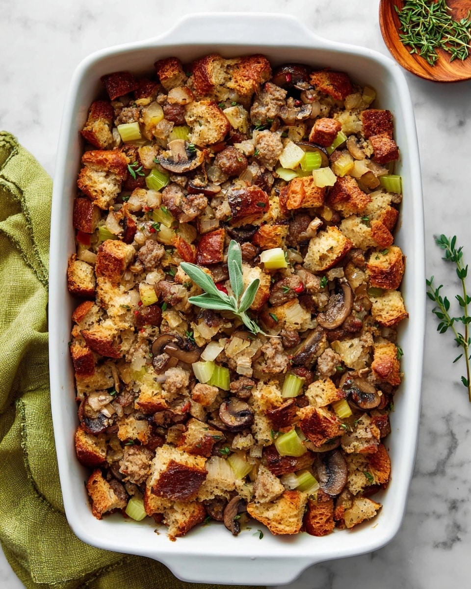 A white rectangular baking dish filled with a mixed stuffing made of uneven chunks of toasted bread in light and dark brown tones, scattered sliced mushrooms in dark and beige shades, small pieces of cooked sausage in brown, and diced celery in green. There are also small cubes of pale yellow and orange vegetables or fruits mixed in, all topped with a sprig of fresh herb in the center. The dish is placed on a white marbled surface, with a green cloth partially visible on the side and a small wooden bowl with herbs in the top right corner. Photo taken with an iphone --ar 4:5 --v 7