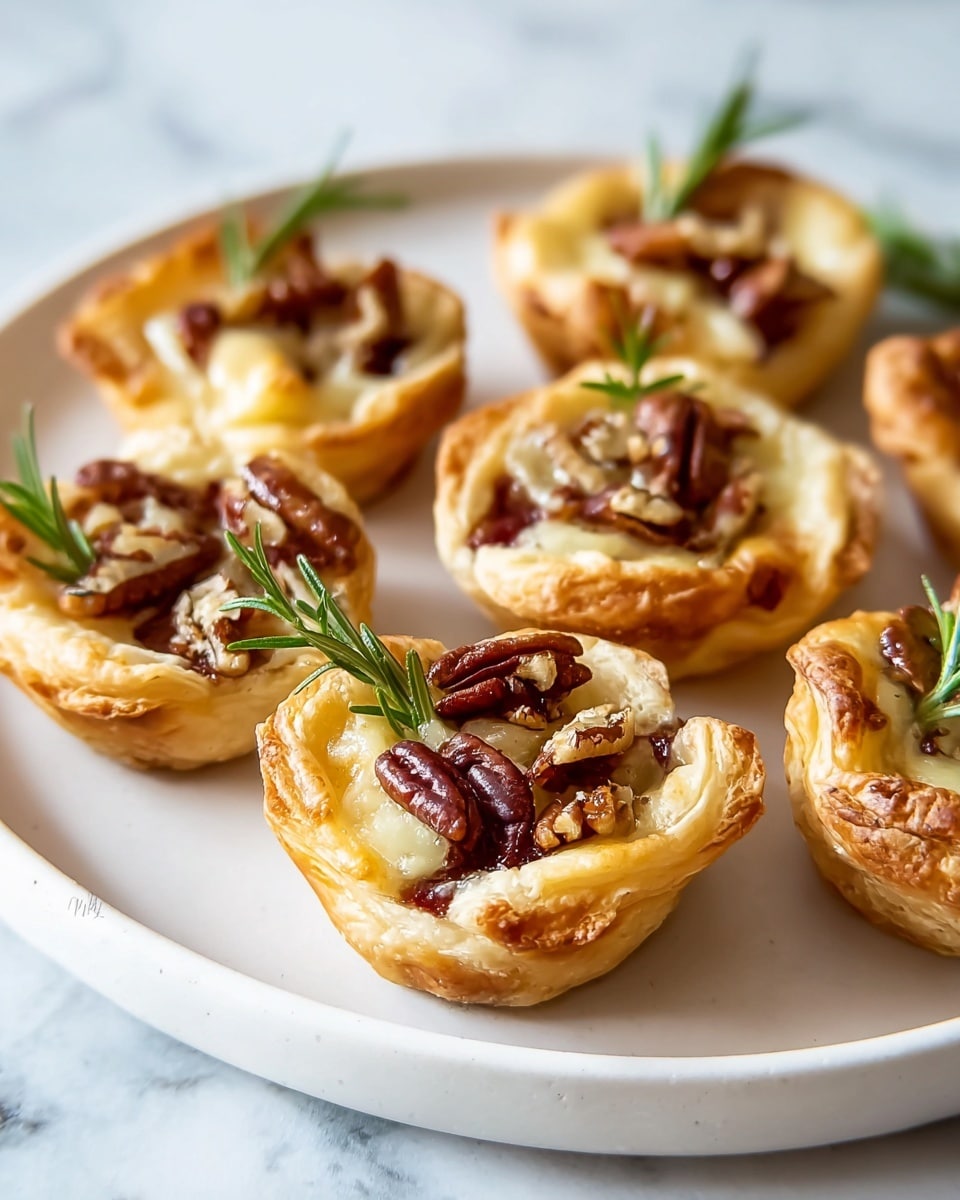 The image shows a metal muffin pan filled with small puff pastry tarts. Each tart has a golden-brown, flaky crust forming a slightly ruffled cup. Inside the crust, there is a layer of melted cheese that is creamy white and smooth, topped with chopped walnuts that add a crunchy texture. Some tarts also have a small sprig of fresh green rosemary placed on top, providing a pop of color. The background is a white marbled texture with a soft natural light, highlighting the warm, inviting tones of the baked tarts. Photo taken with an iphone --ar 4:5 --v 7