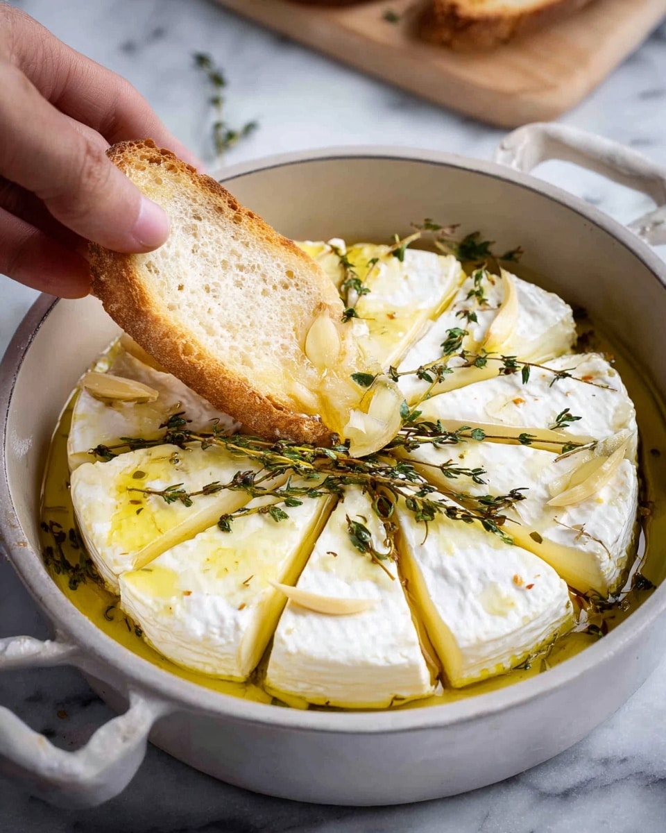 A round white pot contains a large wheel of soft white cheese sliced into diamond shapes, partially covered with golden liquid and topped with two thin sprigs of fresh green herbs. Behind the pot, there is a white plate holding a thick golden brown slice of toasted bread and a metal fork resting on the plate. To the right, two more slices of toasted bread sit on a wooden board. All items rest on a white marbled surface. Photo taken with an iphone --ar 4:5 --v 7