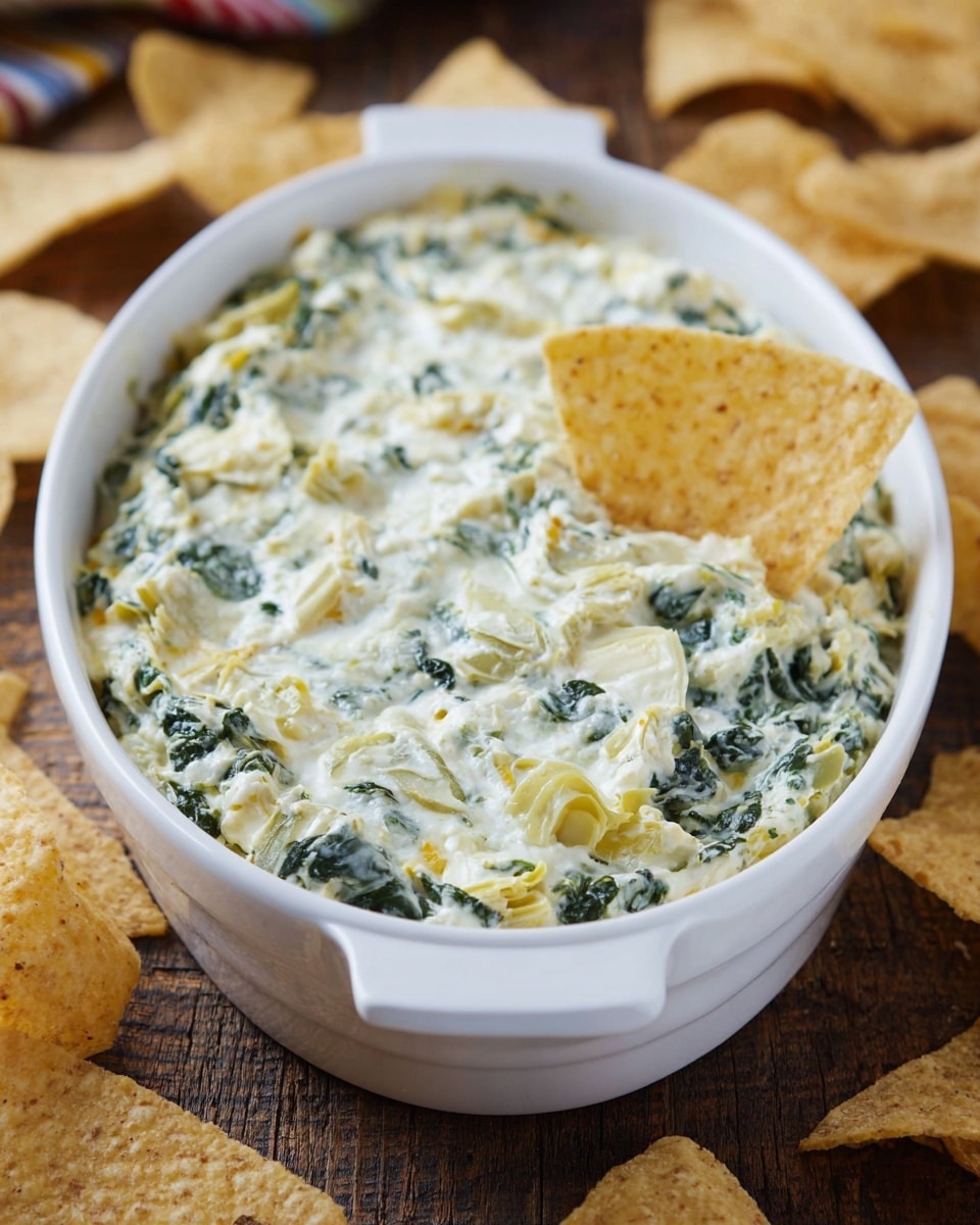 A white oval dish filled with creamy spinach and artichoke dip, the top layer showing a mix of white cheese and green spinach leaves evenly spread, with bits of pale yellow artichoke pieces visible throughout. One light golden tortilla chip is partially dipped into the mixture at the front center, surrounded by several other scattered tortilla chips. The dish is placed on a wooden textured surface with a few blurred tortilla chips in the background. Photo taken with an iphone --ar 4:5 --v 7