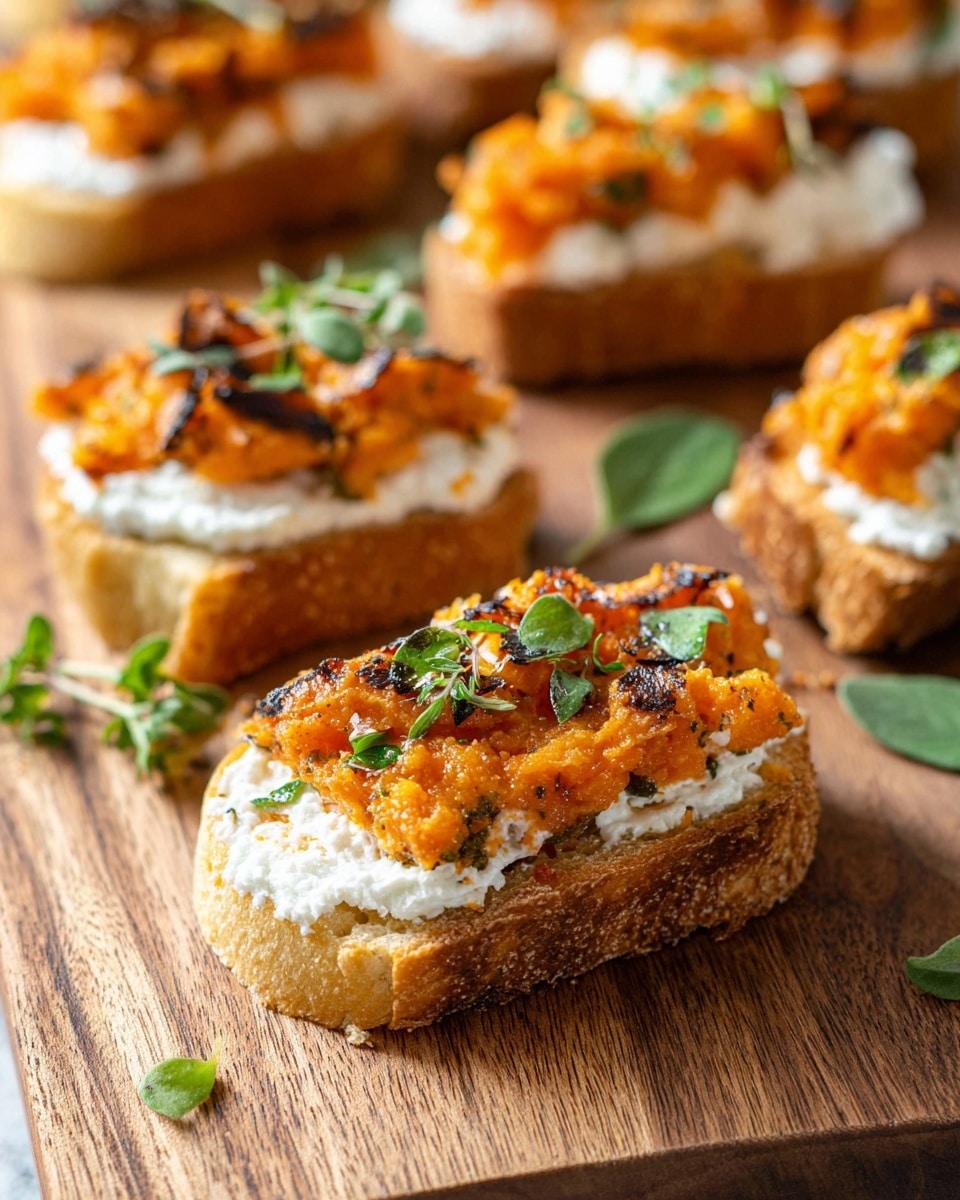 The image shows small toasted bread slices arranged on a wooden board with fresh green herbs near the front. Each bread piece has two layers: the bottom layer is white creamy cheese spread thickly, and the top layer is a chunky orange spread with some brown grilled spots. Small green herbs are sprinkled on top of the orange layer. The texture of the toast is crisp and golden brown, and the overall look is fresh and colorful with a mix of creamy white, bright orange, and fresh green colors. photo taken with an iphone --ar 4:5 --v 7