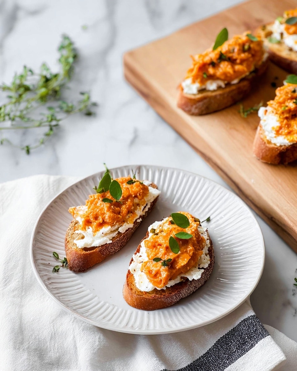 Two pieces of toasted bread sit on a white plate with ridged edges. Each piece has a thick layer of white creamy cheese topped by a chunky orange spread, garnished with small green leaves. To the right, more of the same toast pieces rest on a light wooden board. The setting includes a white marbled surface and a white cloth with a black stripe nearby. A small green herb sprig lies near the top left corner. Photo taken with an iphone --ar 4:5 --v 7