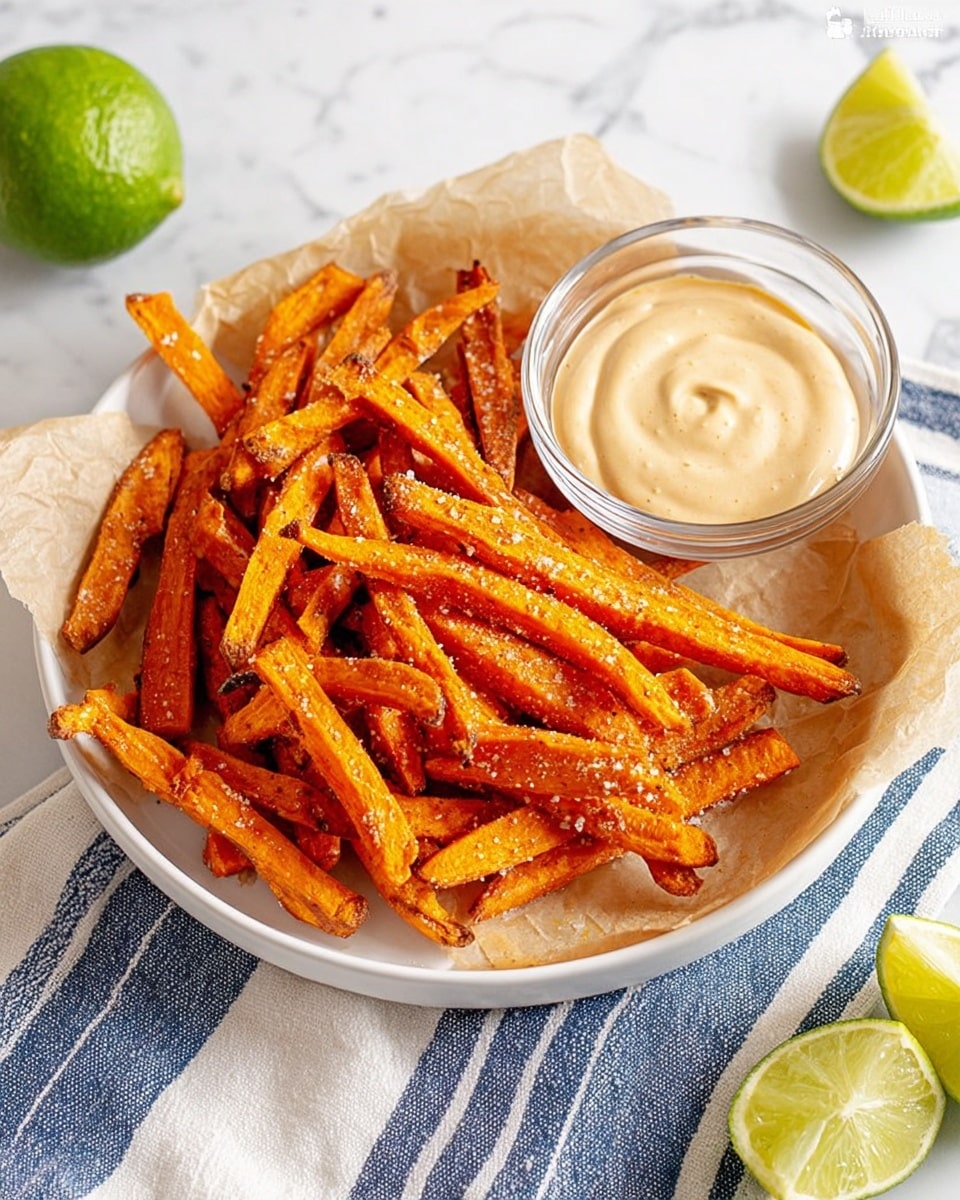 A white round plate is lined with a sheet of light brown parchment paper holding a pile of bright orange sweet potato fries, seasoned with flecks of salt and a slightly crispy texture. On the top right side of the plate, there is a small clear glass bowl filled with a creamy sauce that is light tan with visible specks of seasoning swirled smoothly. Surrounding the plate, there are lime wedges and a whole lime, with a striped blue, white, and gray cloth under and around the plate, all set on a white marbled surface. Photo taken with an iphone --ar 4:5 --v 7