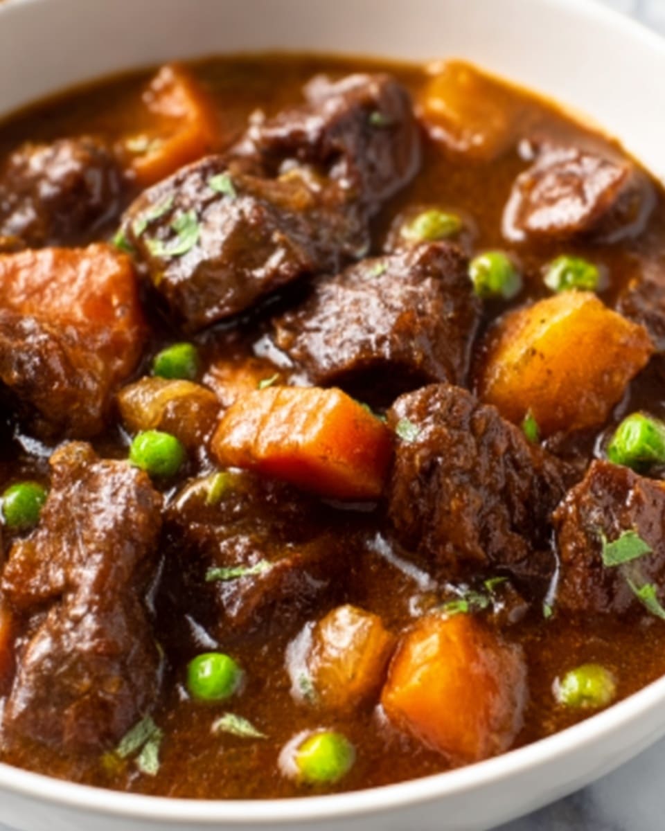 The image shows a close-up of a thick beef stew in a white bowl, placed on a white marbled surface. The stew has large, tender chunks of dark brown beef, surrounded by soft carrot pieces in bright orange and small green peas scattered throughout. The rich, dark brown sauce is glossy and coats all the ingredients, giving the dish a warm and hearty look. The bowl is filled to the top, making the stew look very full and comforting. photo taken with an iphone --ar 4:5 --v 7
